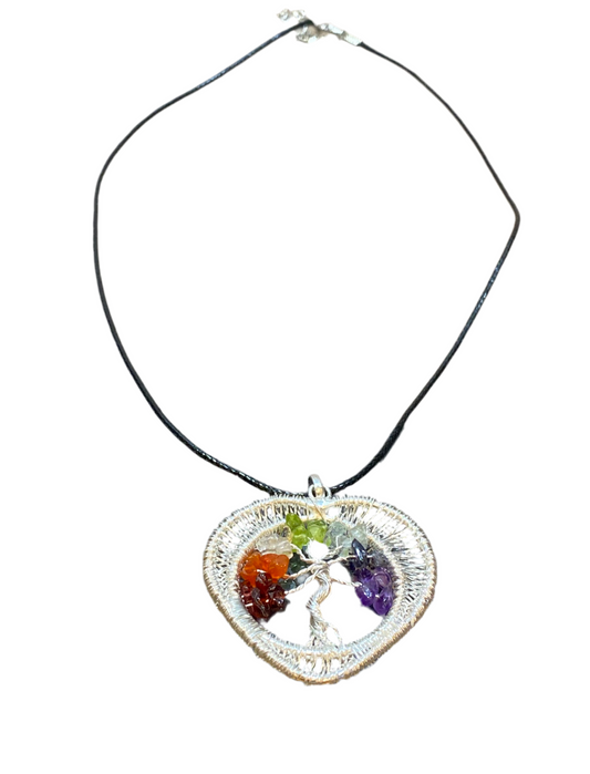 7 Chakra Chips Tree of Life Heart Pendant Silver Wire Wrapped with Black Cord Necklace