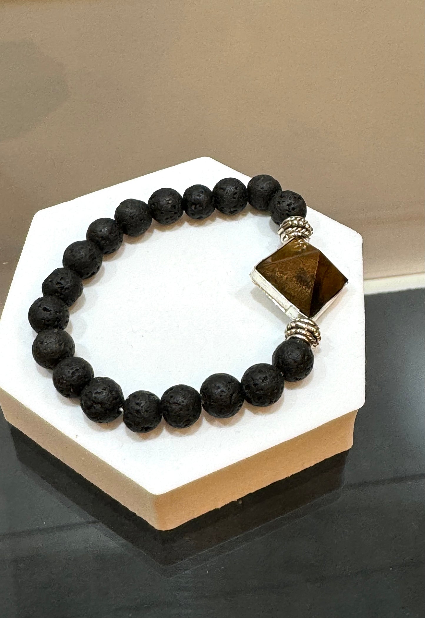 Lava Rock Gemstone Bracelet With Tiger Eye Pyramid