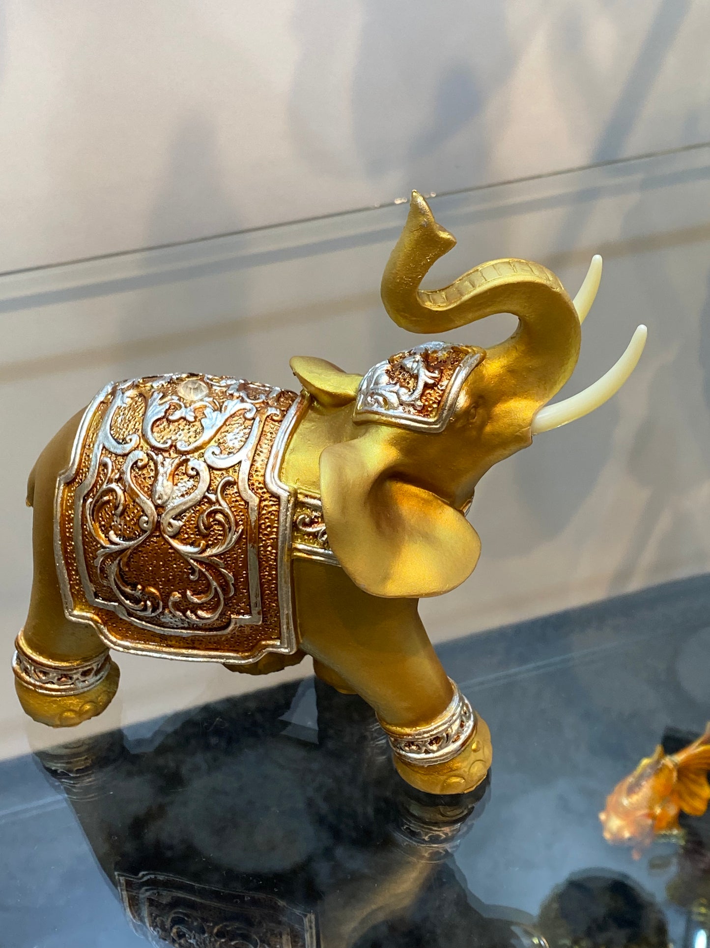 Golden Resin Elephant Statue Feng Shui Elegant Elephant Trunk Sculpture Lucky Wealth Figurine