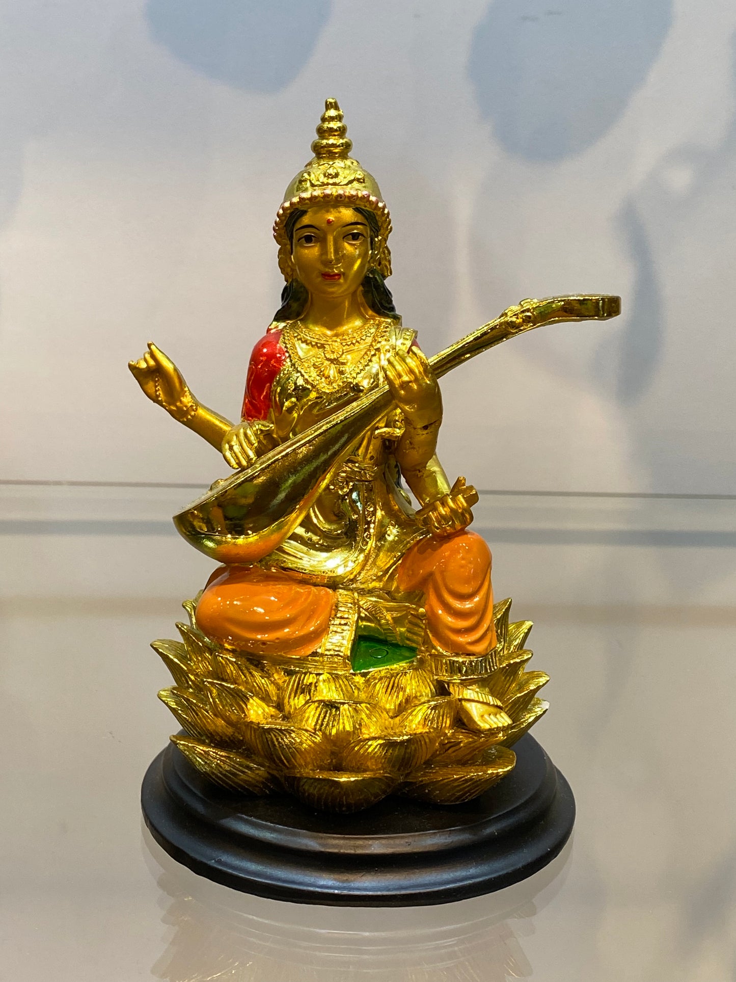 Feng Shui Gold Colored Saraswati on Lotus Small 3”Statue Hindu Goddess of Knowledge Deity Icon