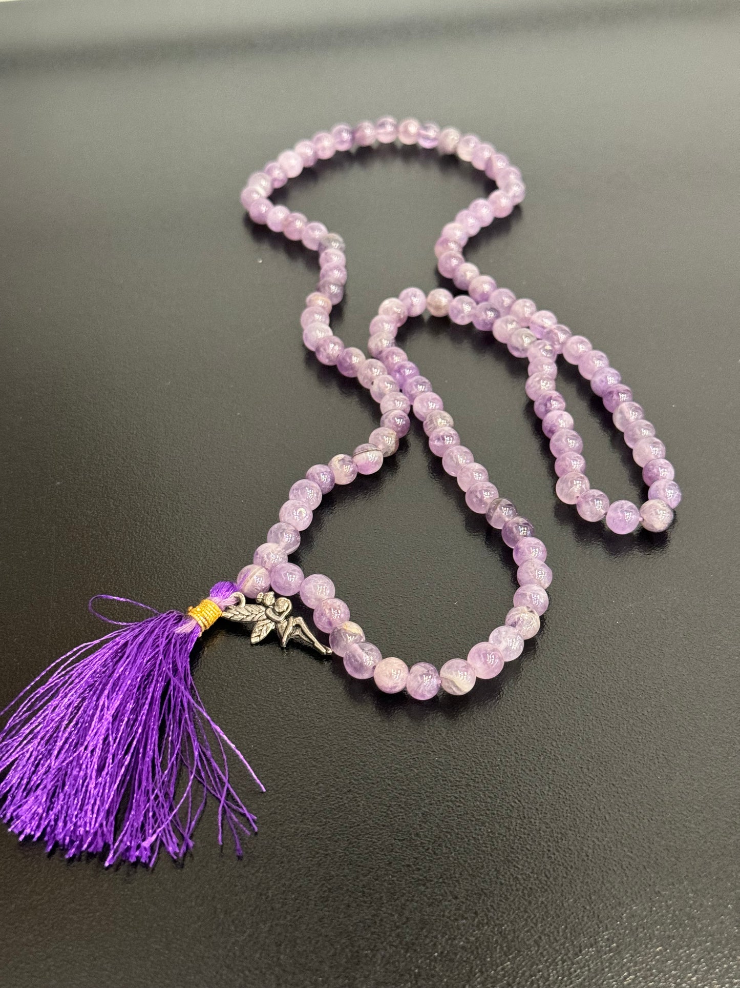 Amethyst Prayer Mala Necklace With Fairy Charm And Purple Tassle