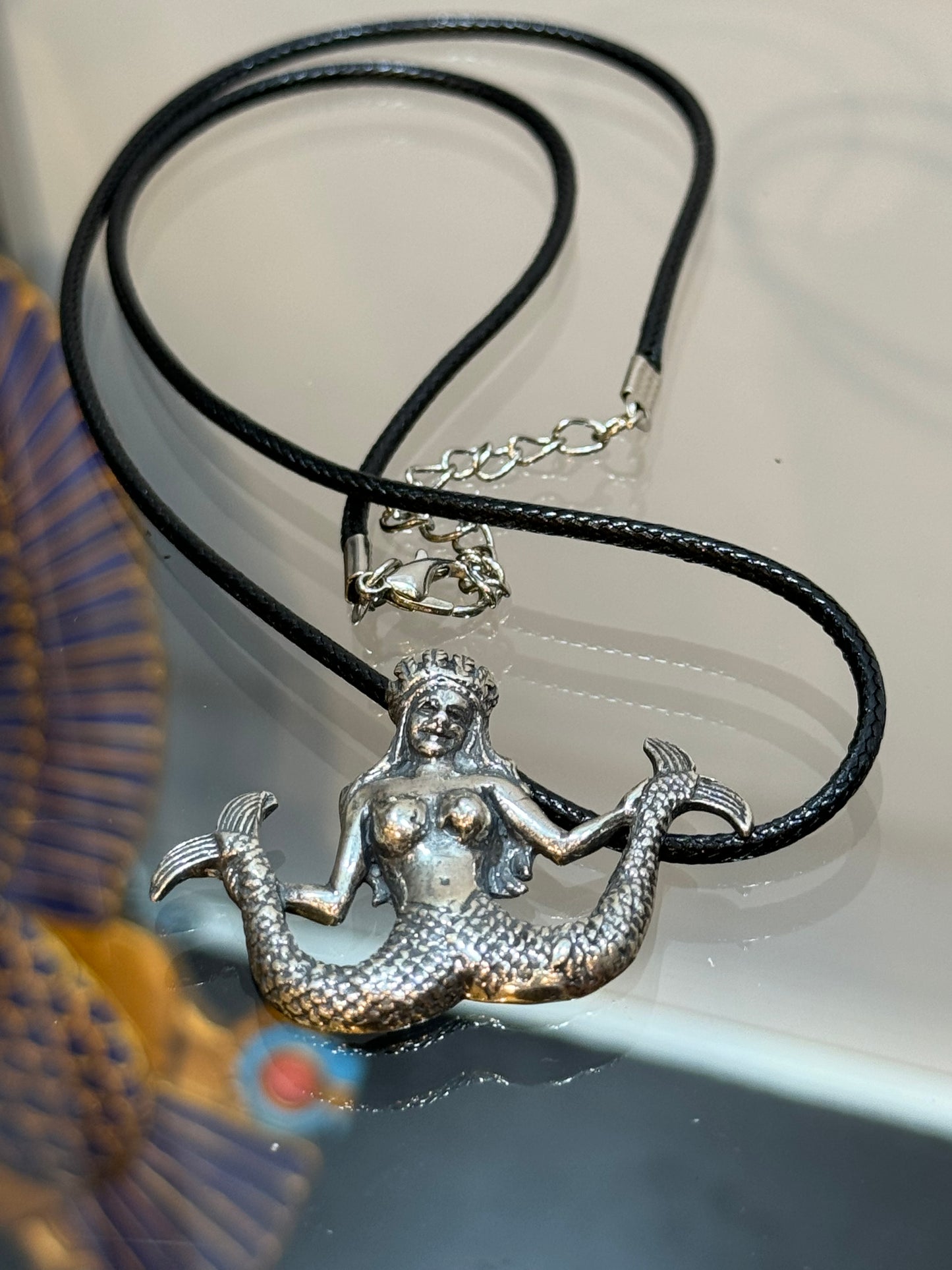 Silver Mermaid Double Tail Pendant With Black Cord Necklace