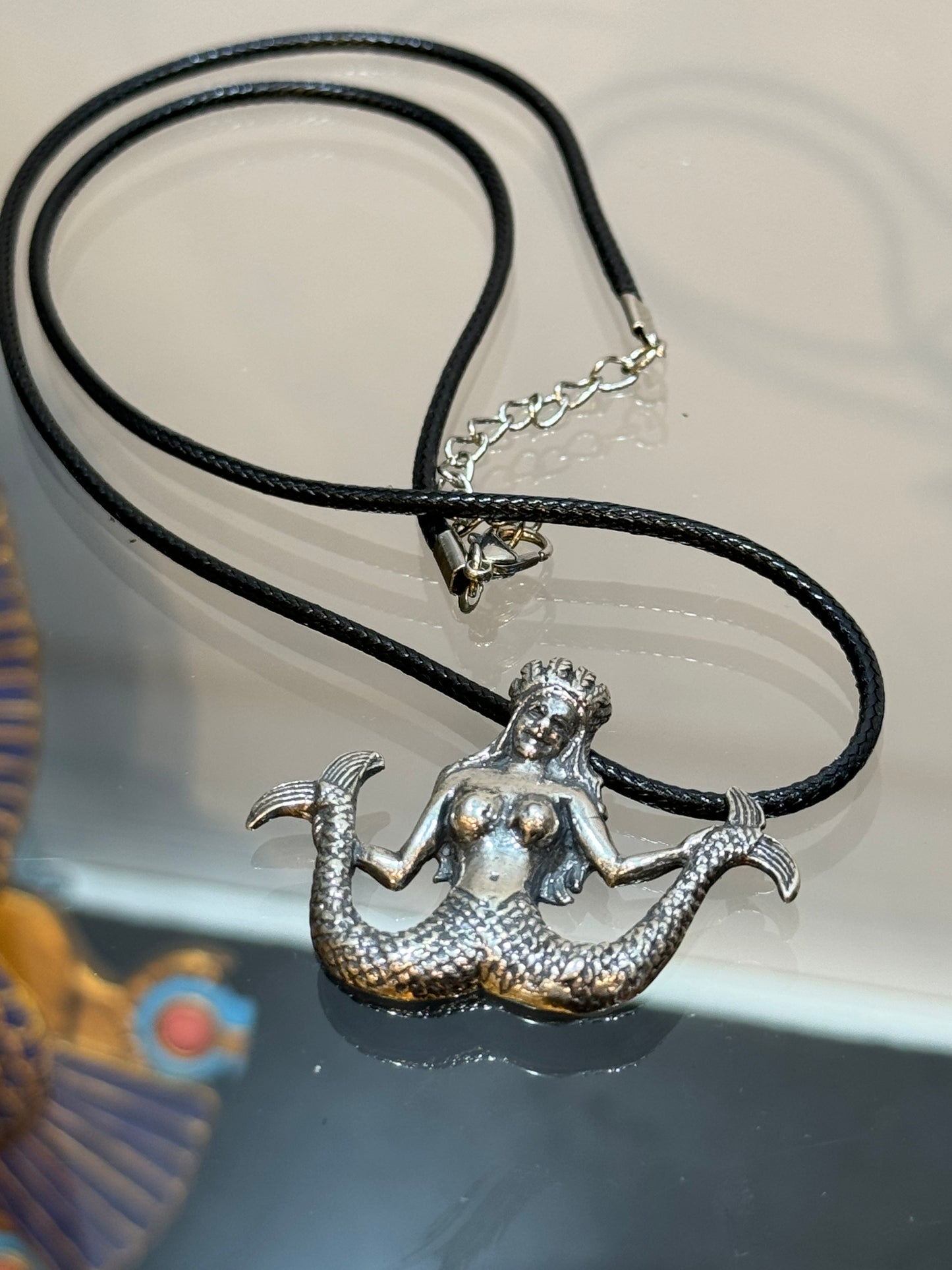 Silver Mermaid Double Tail Pendant With Black Cord Necklace