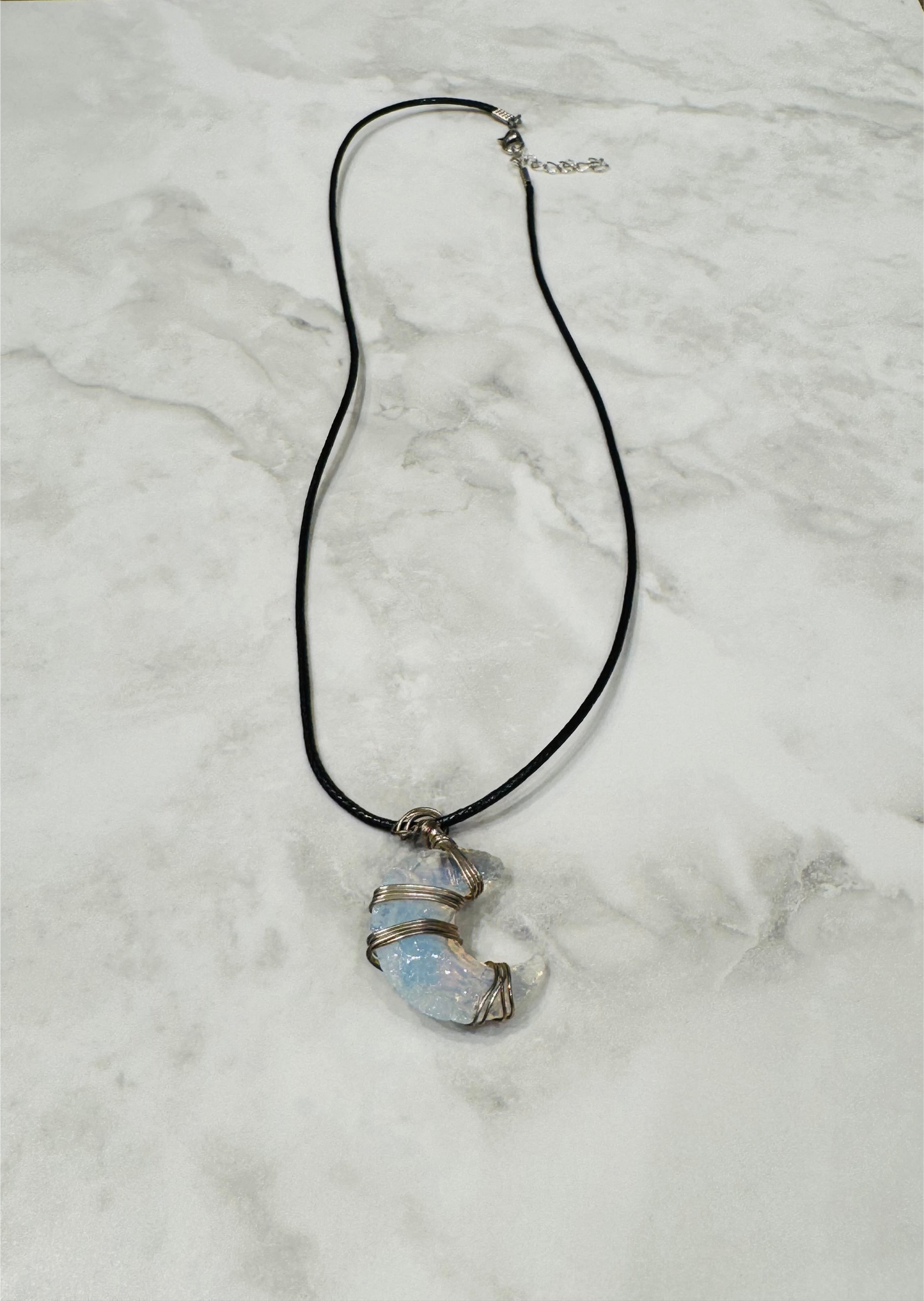 Opalite Crescent Moon Pendant Wire Wrapped with Adjustable Black Cord Necklace