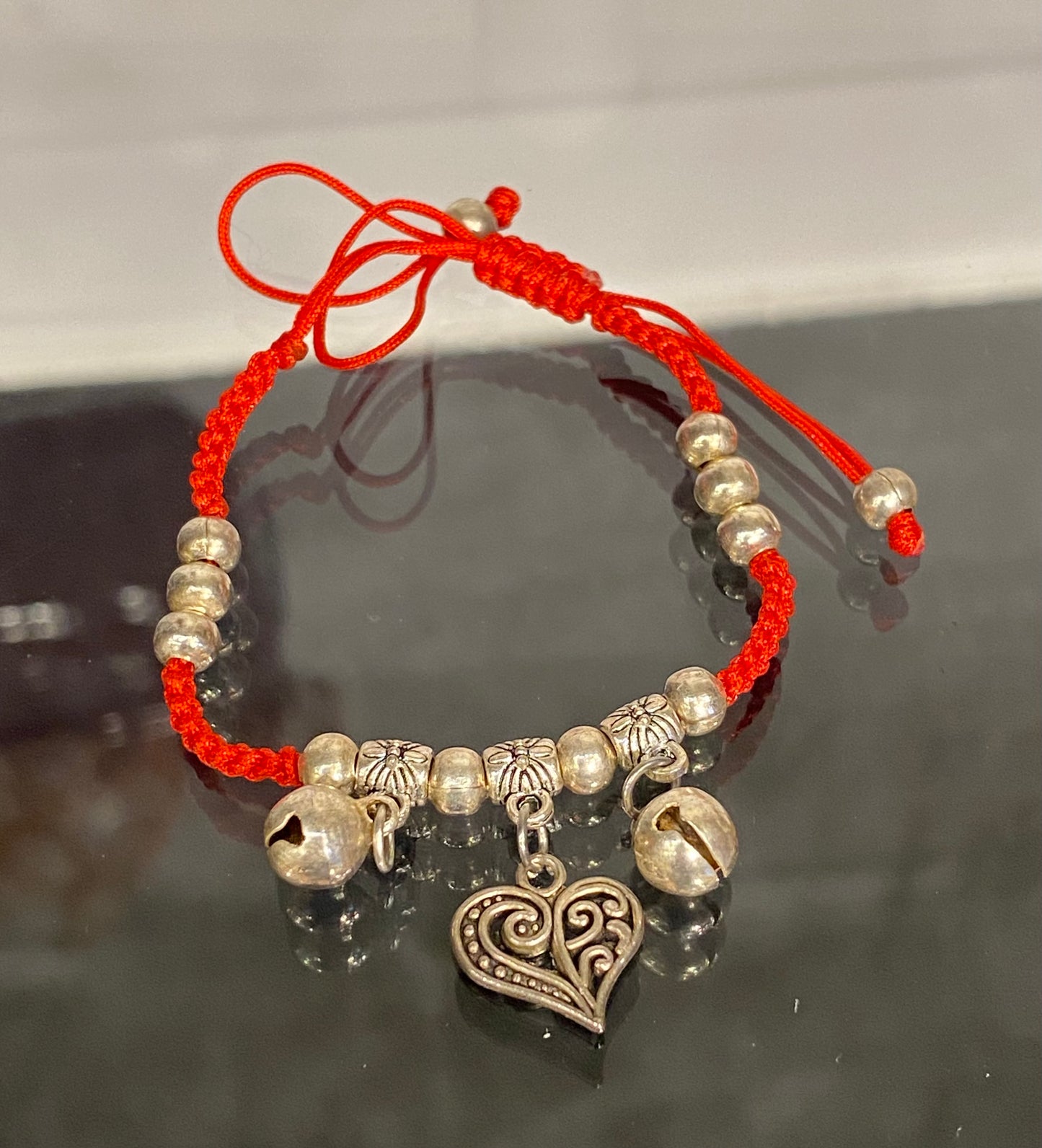 Handmade Red String Braided Pull Tie Bracelet Silver Beads With Silver Bells and Heart Charm