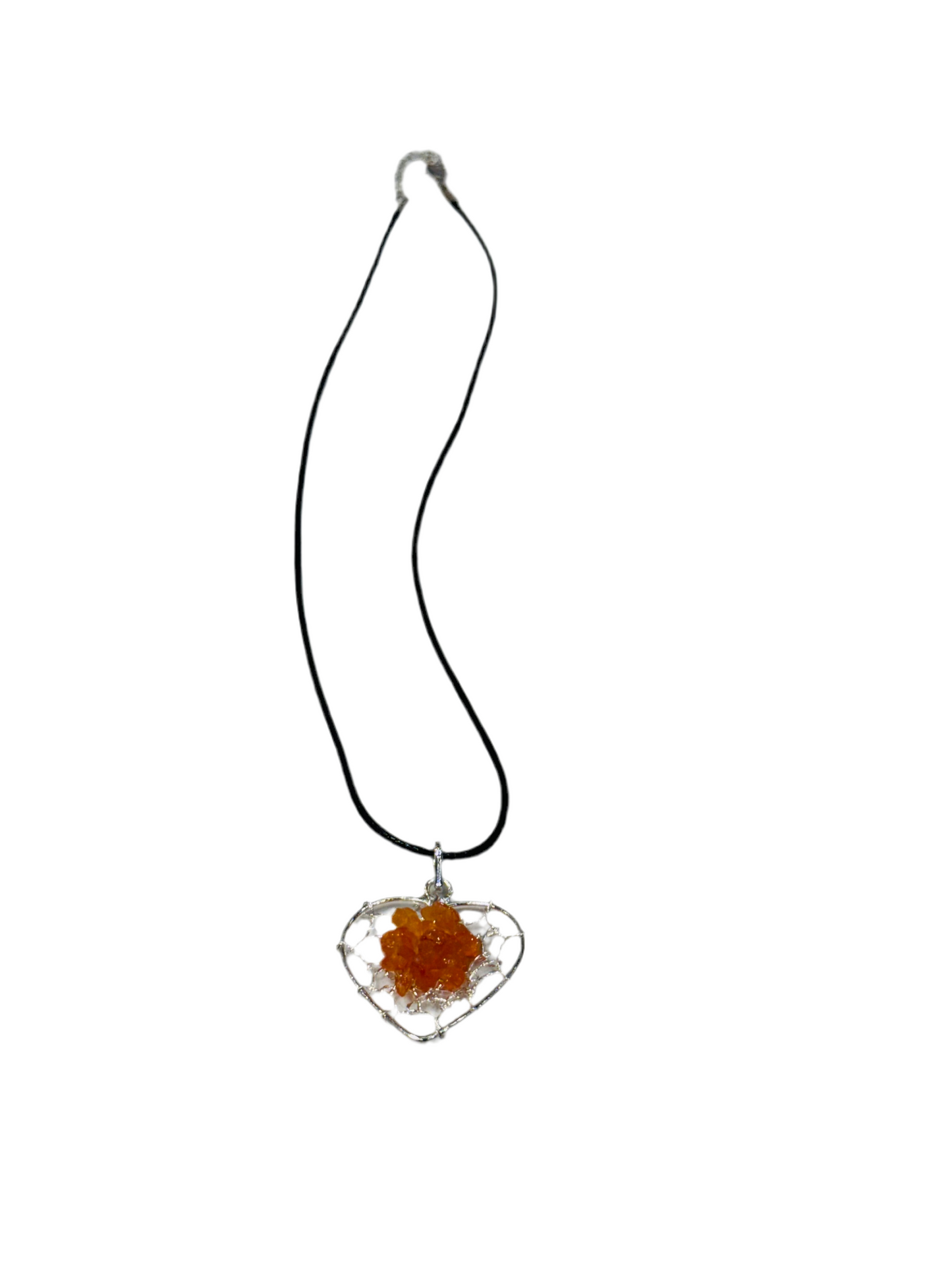 Carnelian Chips Silver Heart Pendant Wire Wrapped with Black Adjustable Cord Necklace