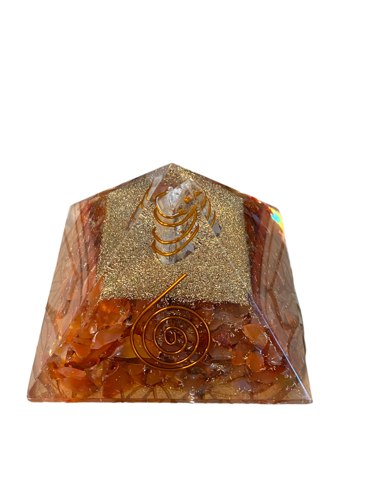 Carnelian Orgonite Pyramid With Clear Quartz Point, Gold Dust and Reiki Coil