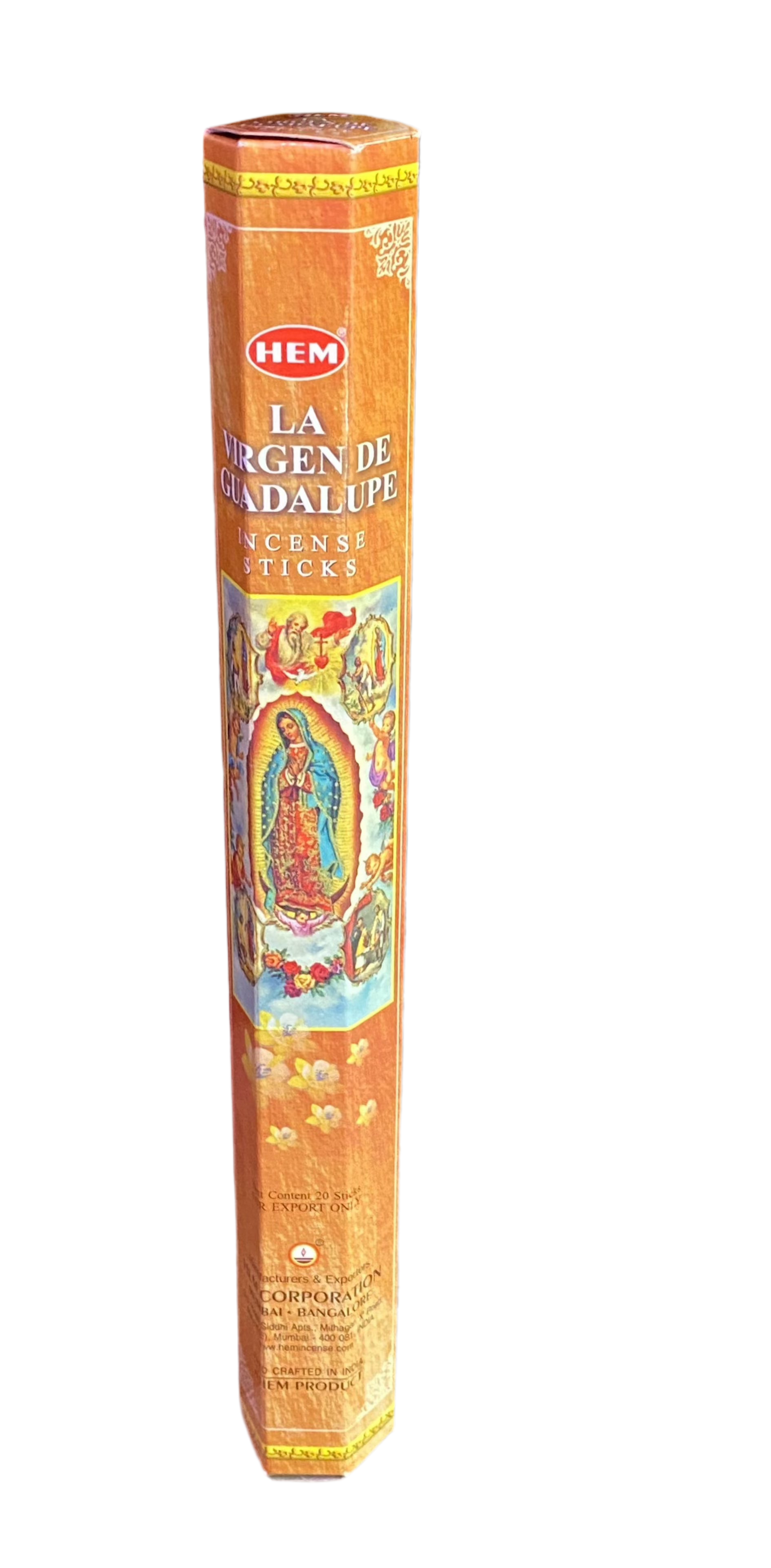 HEM La Virgen De Guadalupe Incense Sticks pack with vibrant religious artwork.