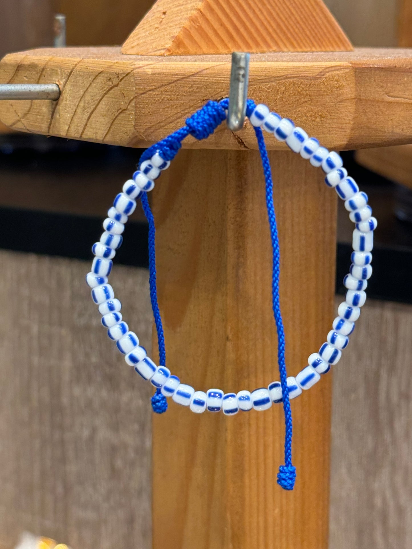 Handmade Pull Tie Nautical Blue and White Seed Beaded Bracelet