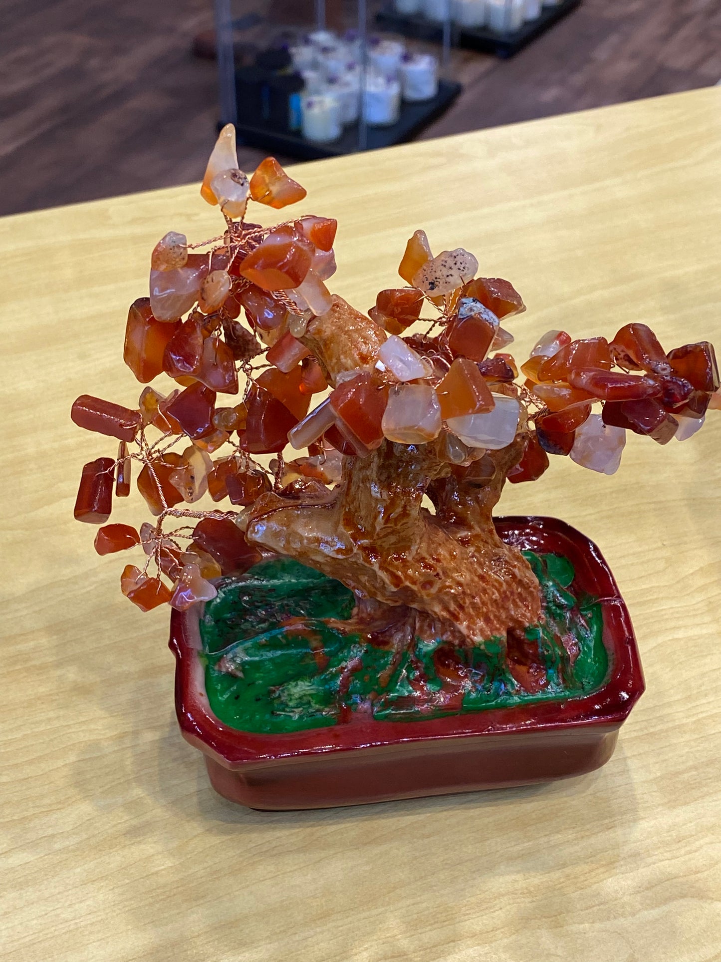 Feng Shui Bonsai Tree Desktop  Tumbled Carnelian in a Red Tub