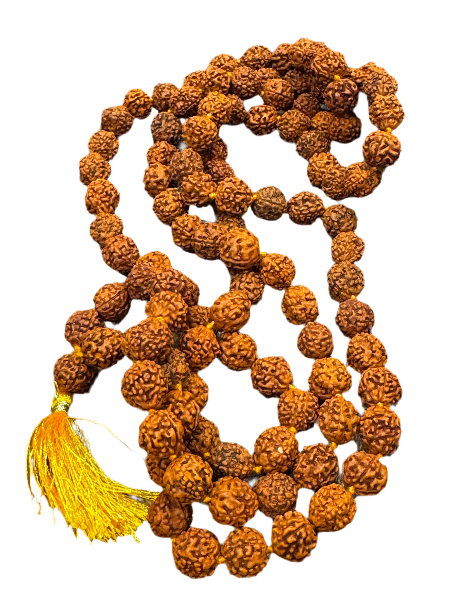 Rudraksha Seed Mala Japamala with Golden Yellow Tassel – Root and Sacral Chakra Power Mala - Large Seed 14mm