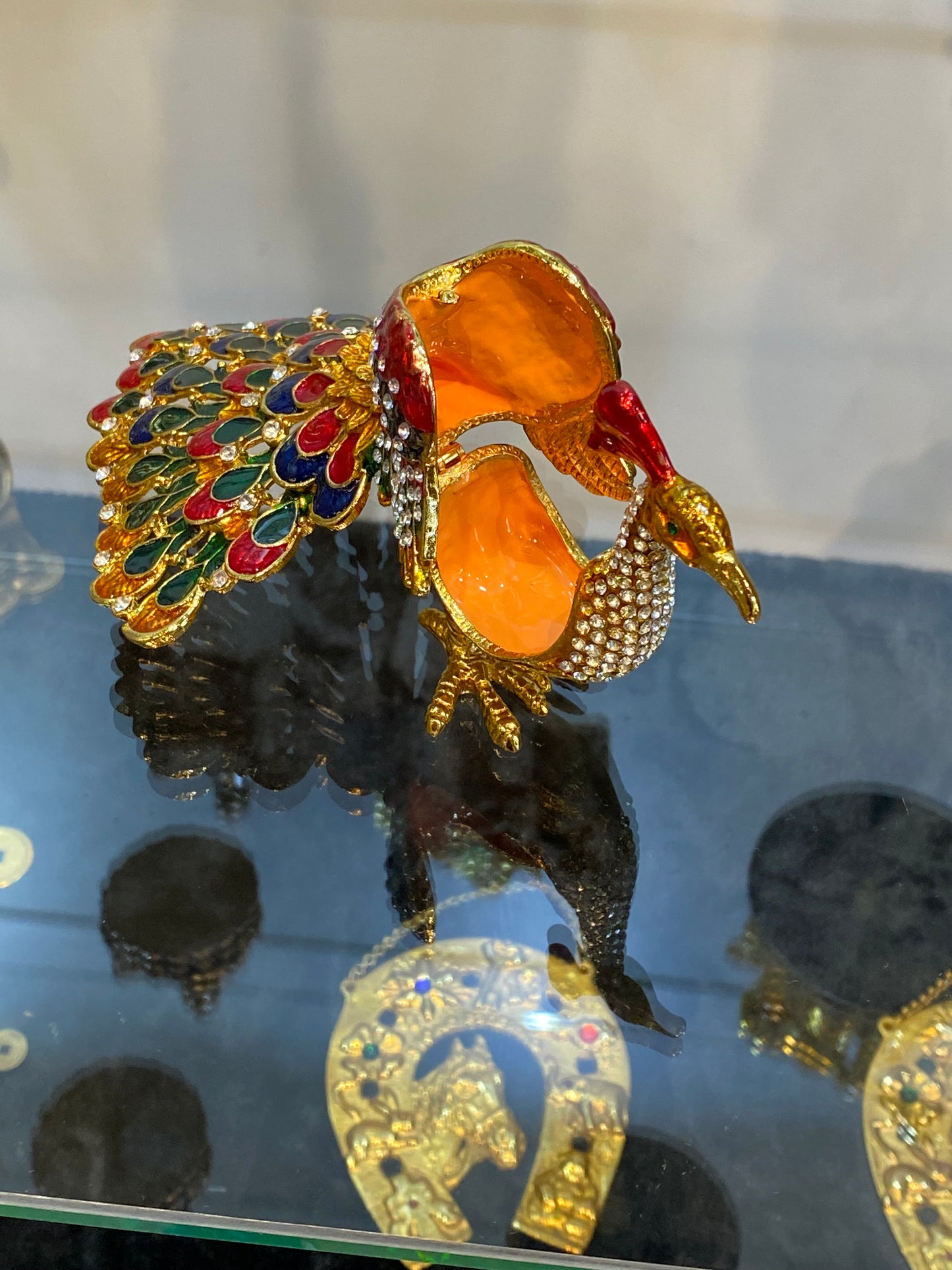 Peacock Upright Opened Multicolored Feathers Trinket Box