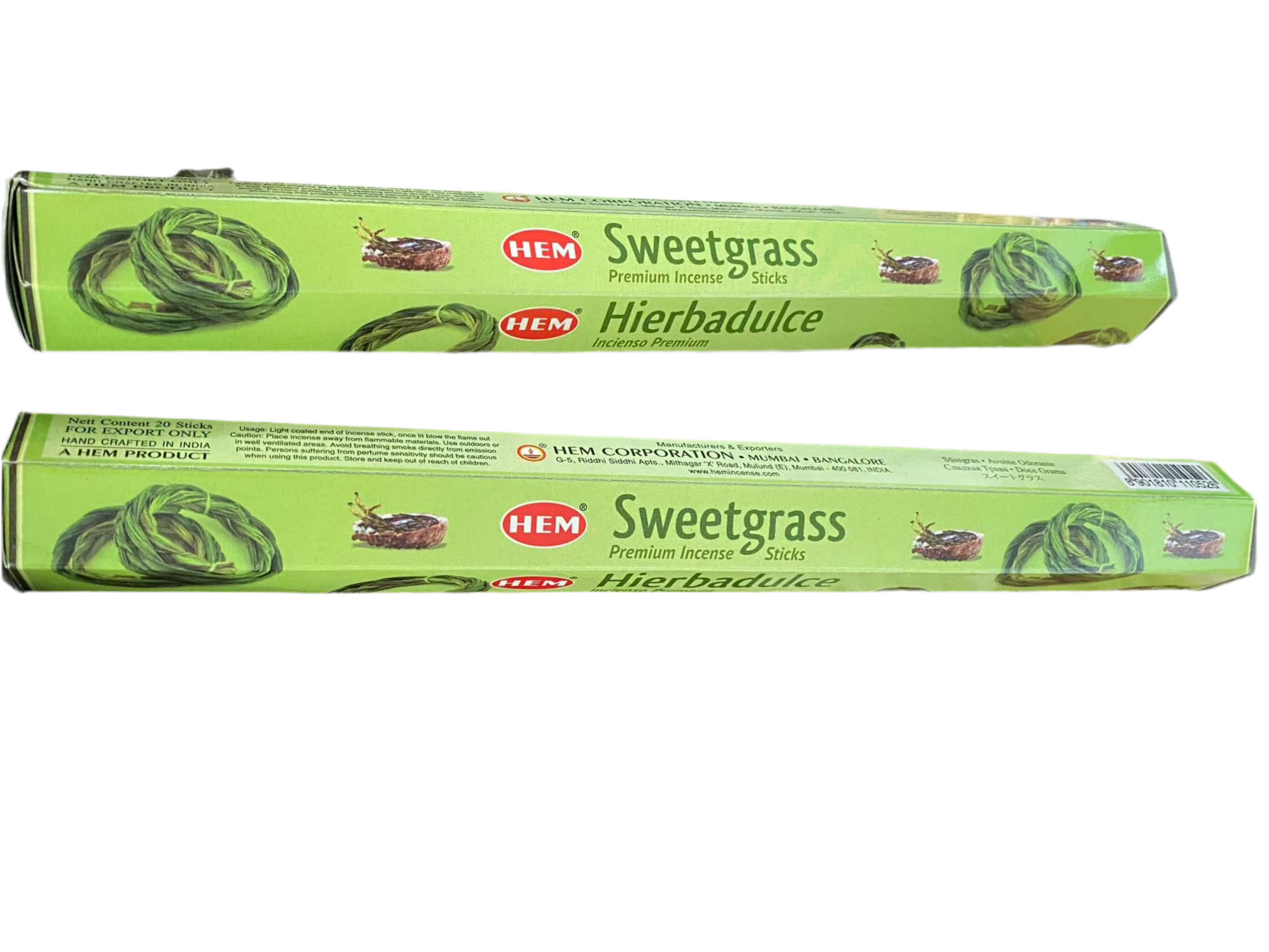 HEM Sweetgrass Incense Sticks packaging, featuring green design with sweetgrass imagery.