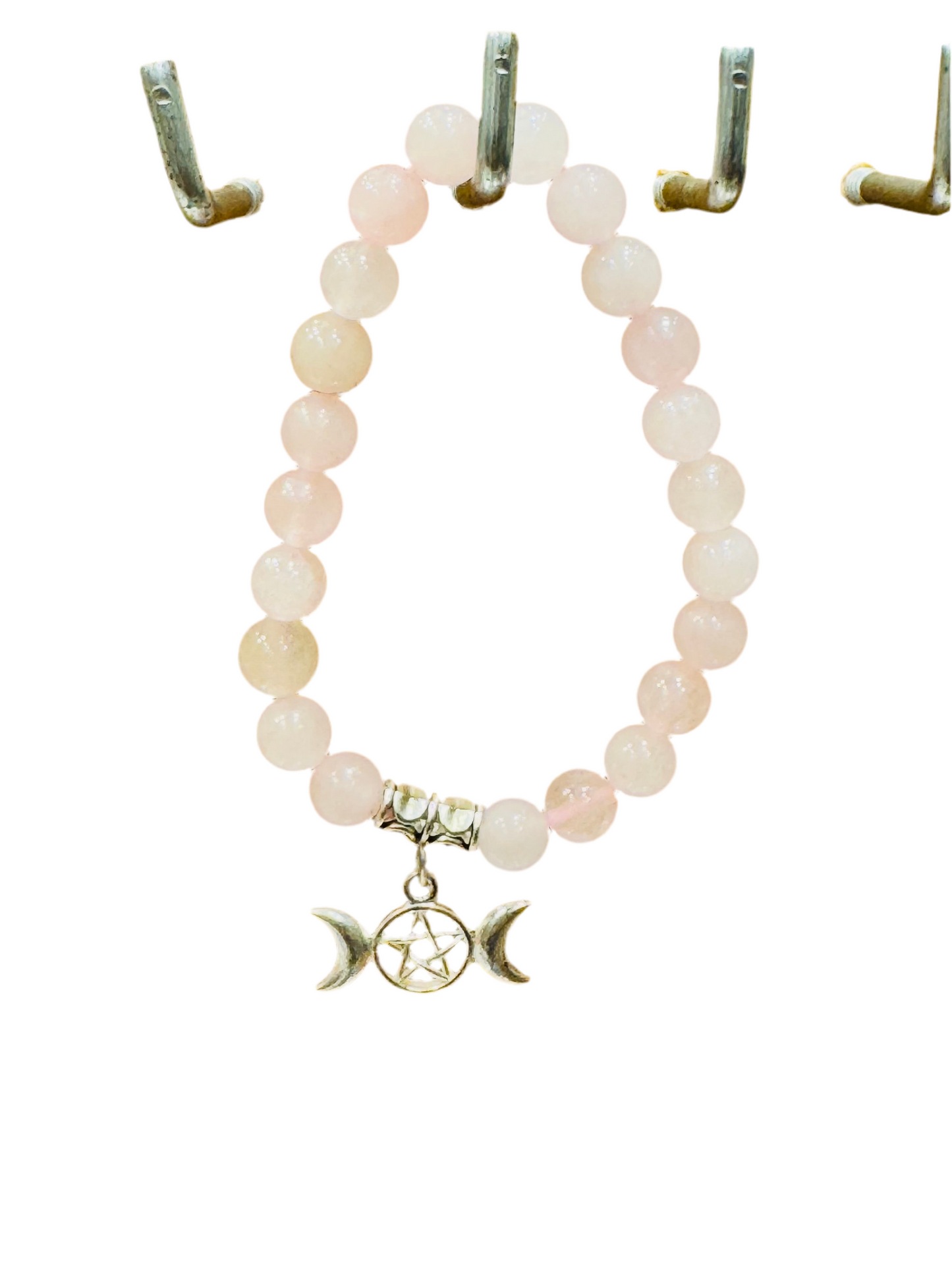 Rose Quartz Gemstone Bracelet With Triple Moon Pentagram