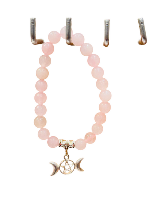 Rose Quartz Gemstone Bracelet with Triple Moon Pentagram charm for emotional healing.