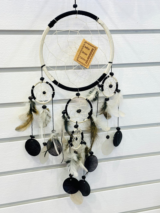 6" Black and White Dream Catcher with Feathers, Capis Shell and Beads