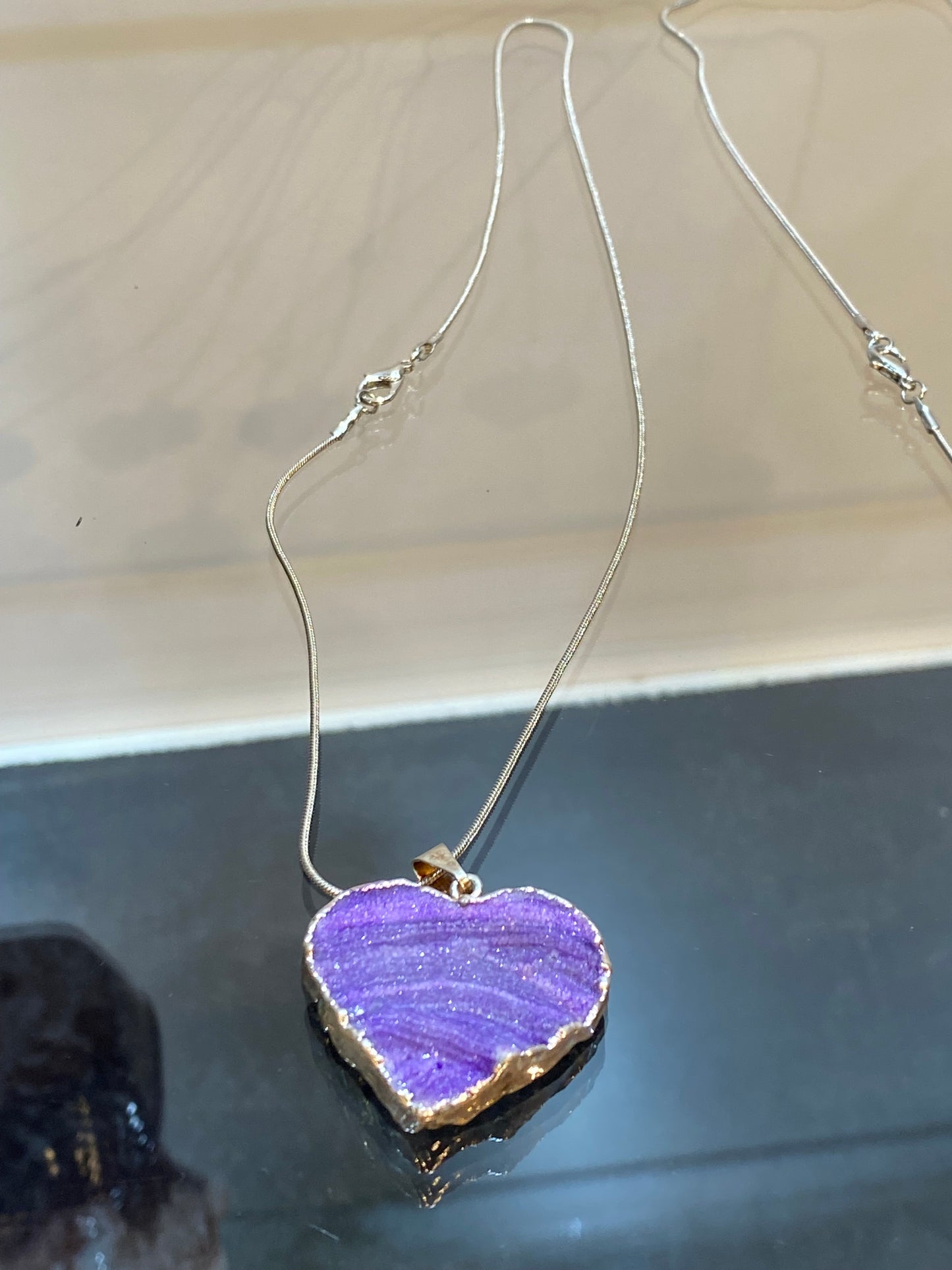 Purple Banded Agate Stone Silver Heart Pendant with Silver Plated Necklace