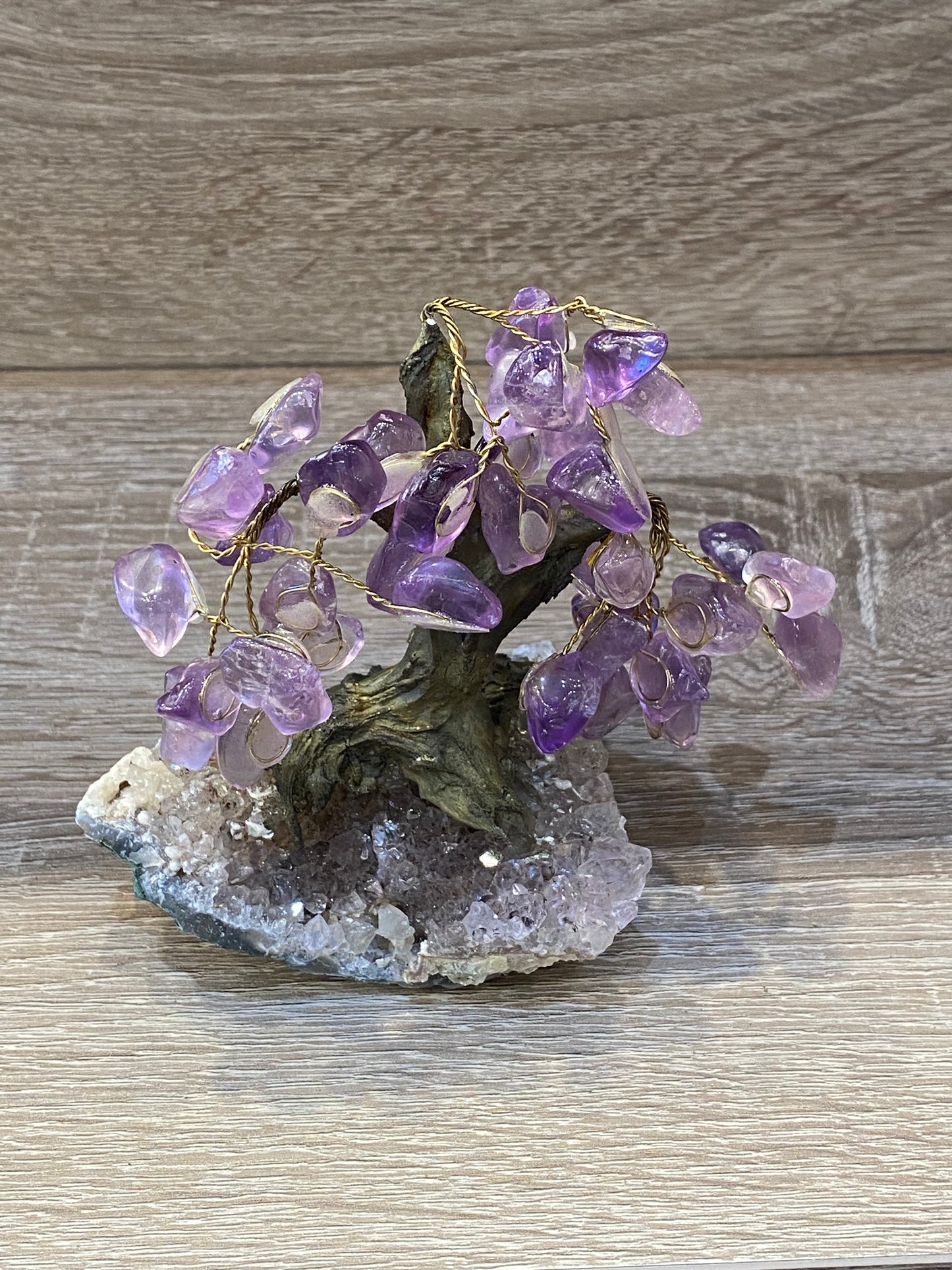 Gemstone Amethyst Bonsai Tree on Amethyst Cluster