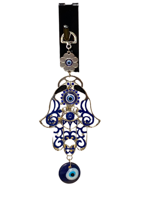 Blue Hand Of Fatima Door & Wall Talisman W/White And Black Fish & Evil Eye Amulet