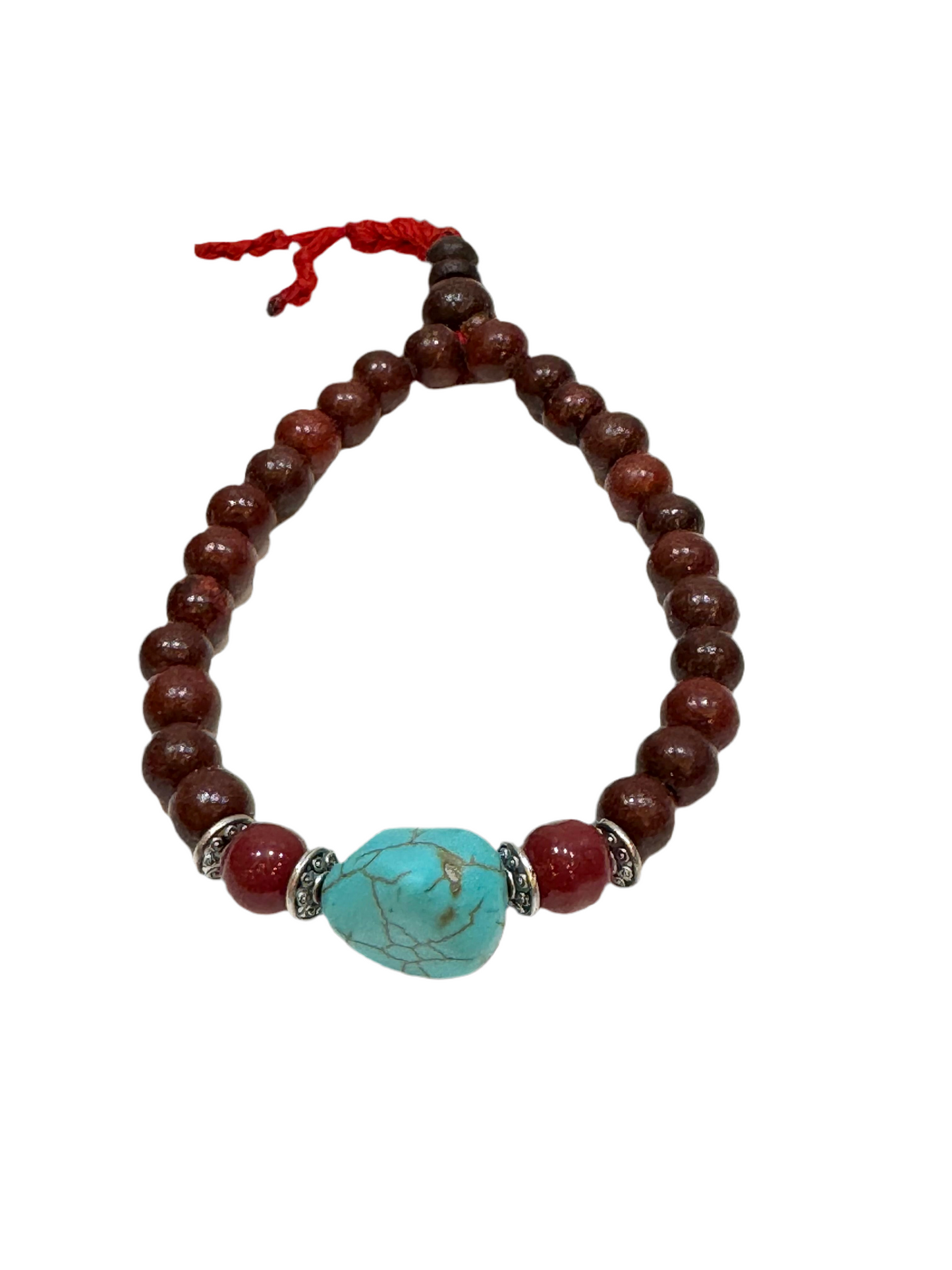 Rosewood, Turquoise and Brass Mala Beaded Bracelet Red String