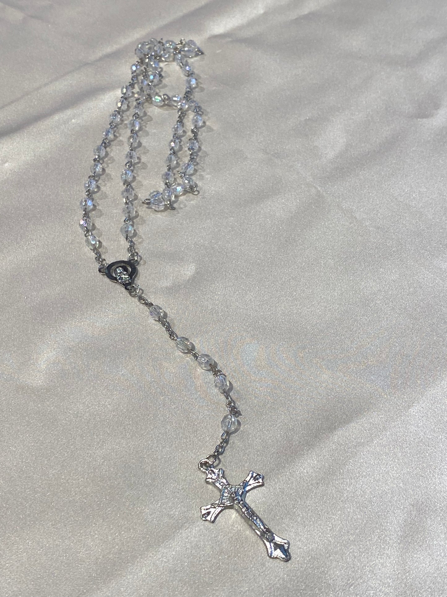 Mi Primero Communion Clear Glass Beaded Rosary Jesus Christ On Cross Silver Amulet