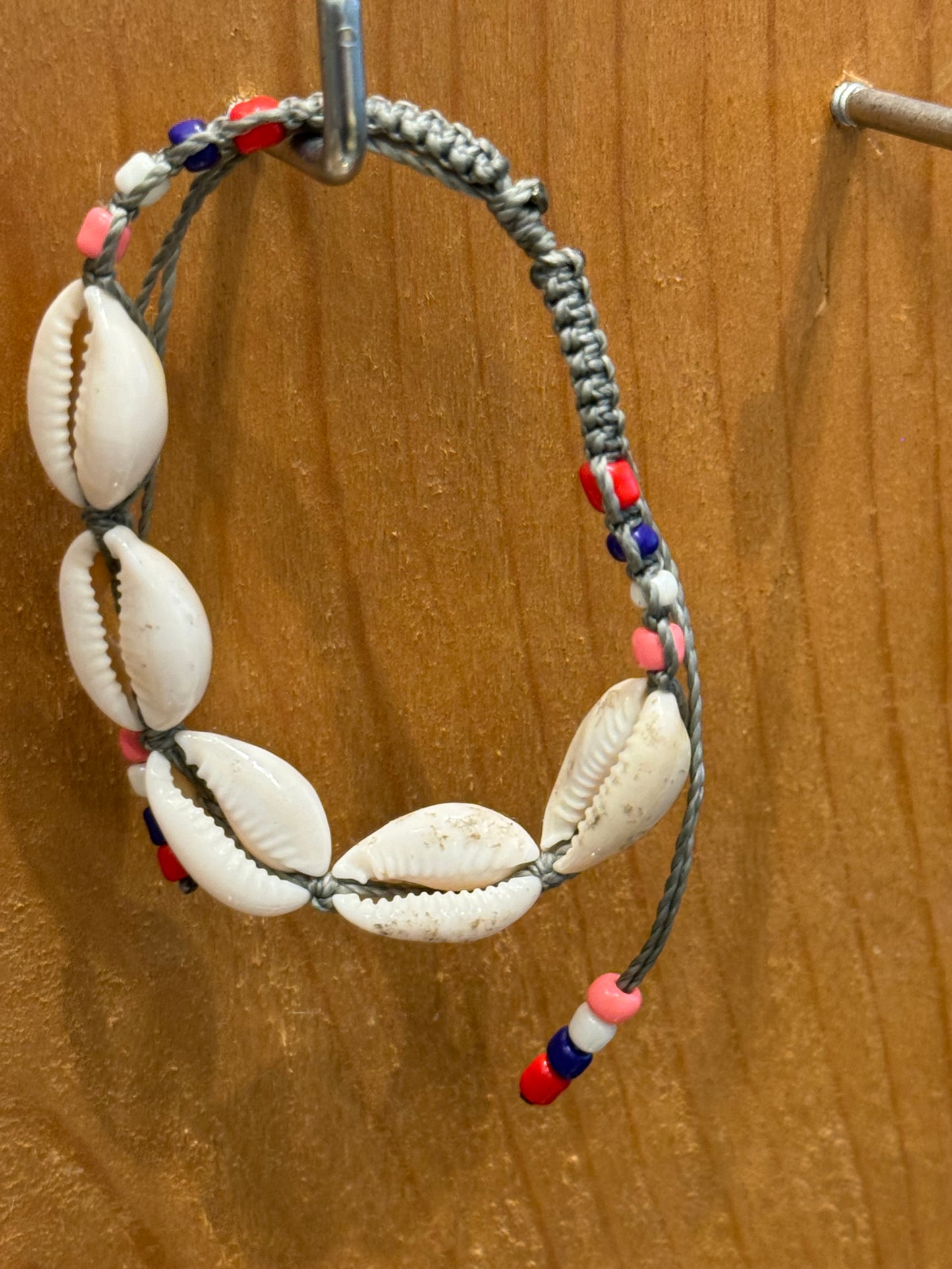 Handmade Gray String Bracelet With Cowrie Shells and Colorful Beads