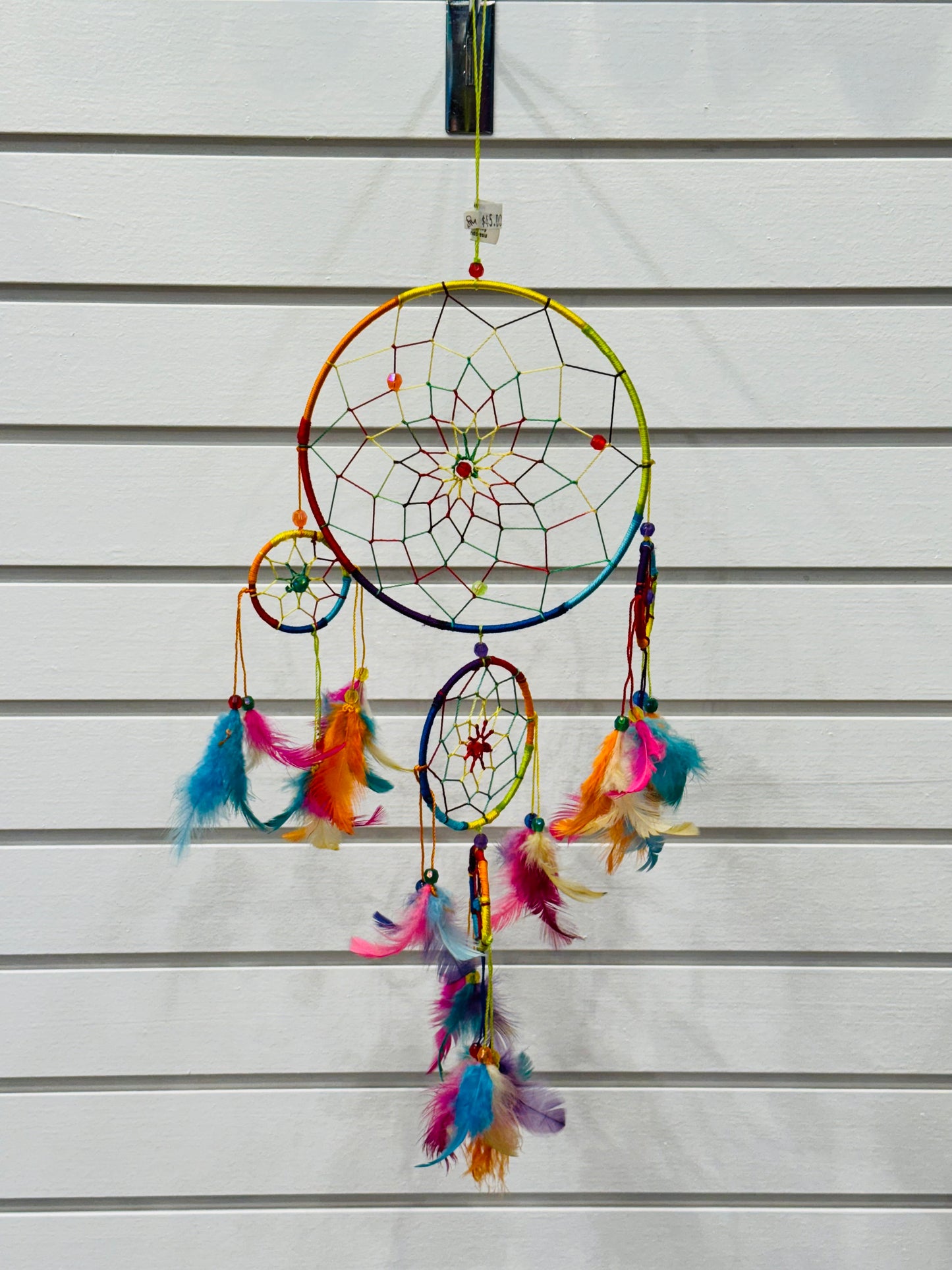 Chakra Leather Dreamcatcher Faceted Beaded Rainbow and Colorful Feathers