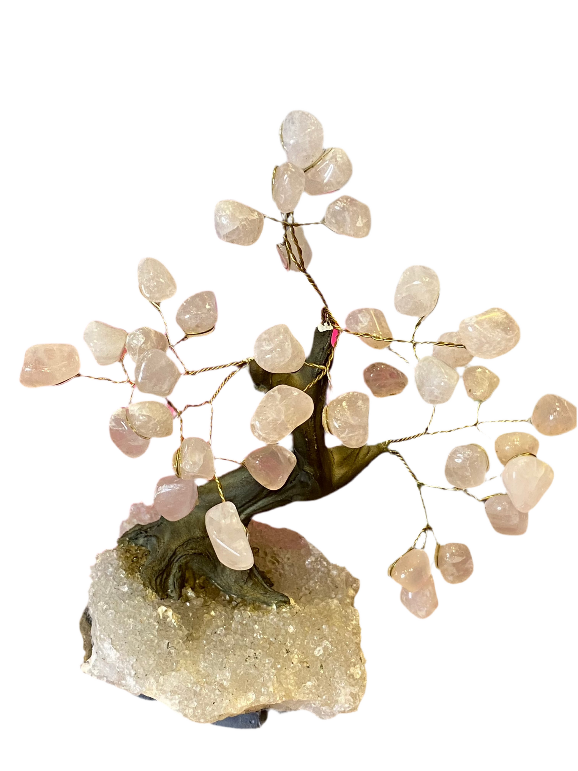 Rose Quartz Gemstone Tree on Clear Quartz Cluster, decorative bonsai tree promoting love and harmony.