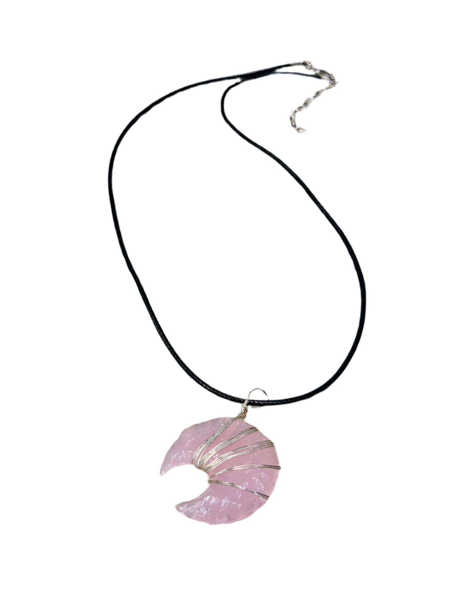 Rose Quartz Crescent Moon Silver Hand Carved Wire Wrapped Pendant with Black Cord Necklace