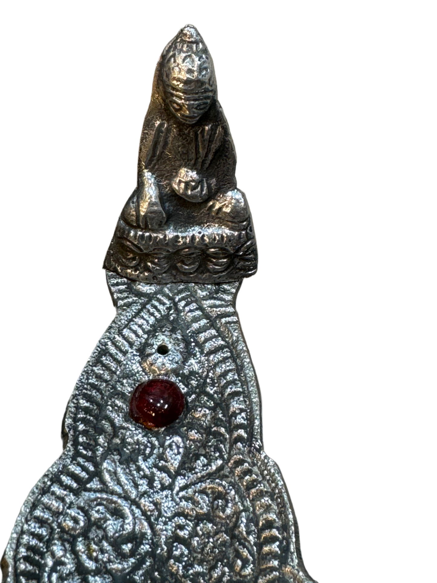Thai Buddha Silver Aluminum Leaf Incense Stick Holder with Red Stone