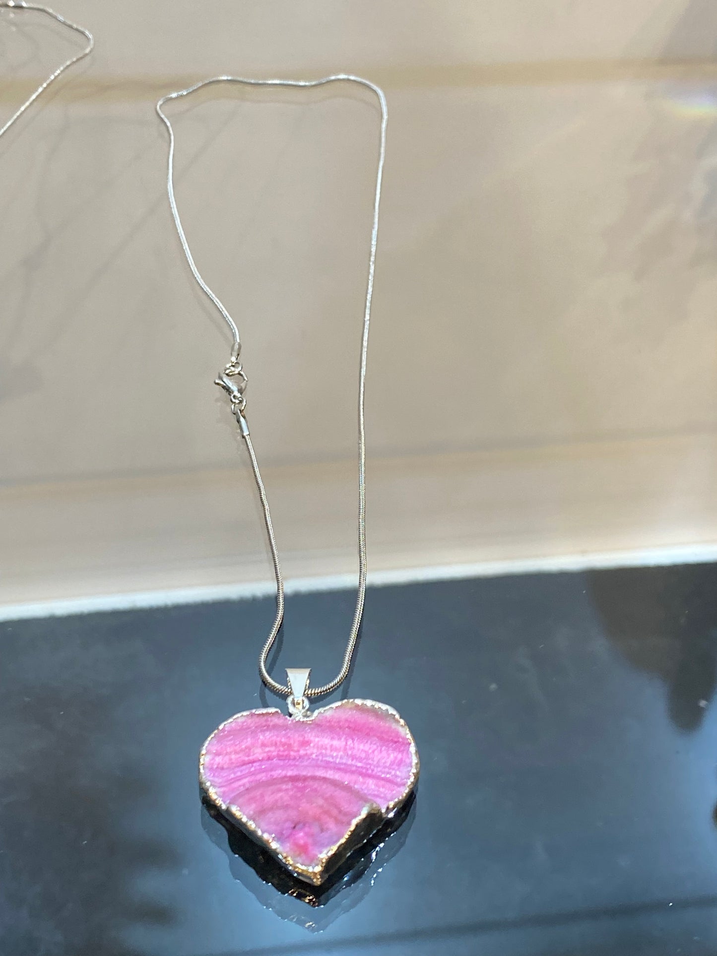 Dark Pink Banded Agate Silver Heart Pendant with Silver Plated Chain