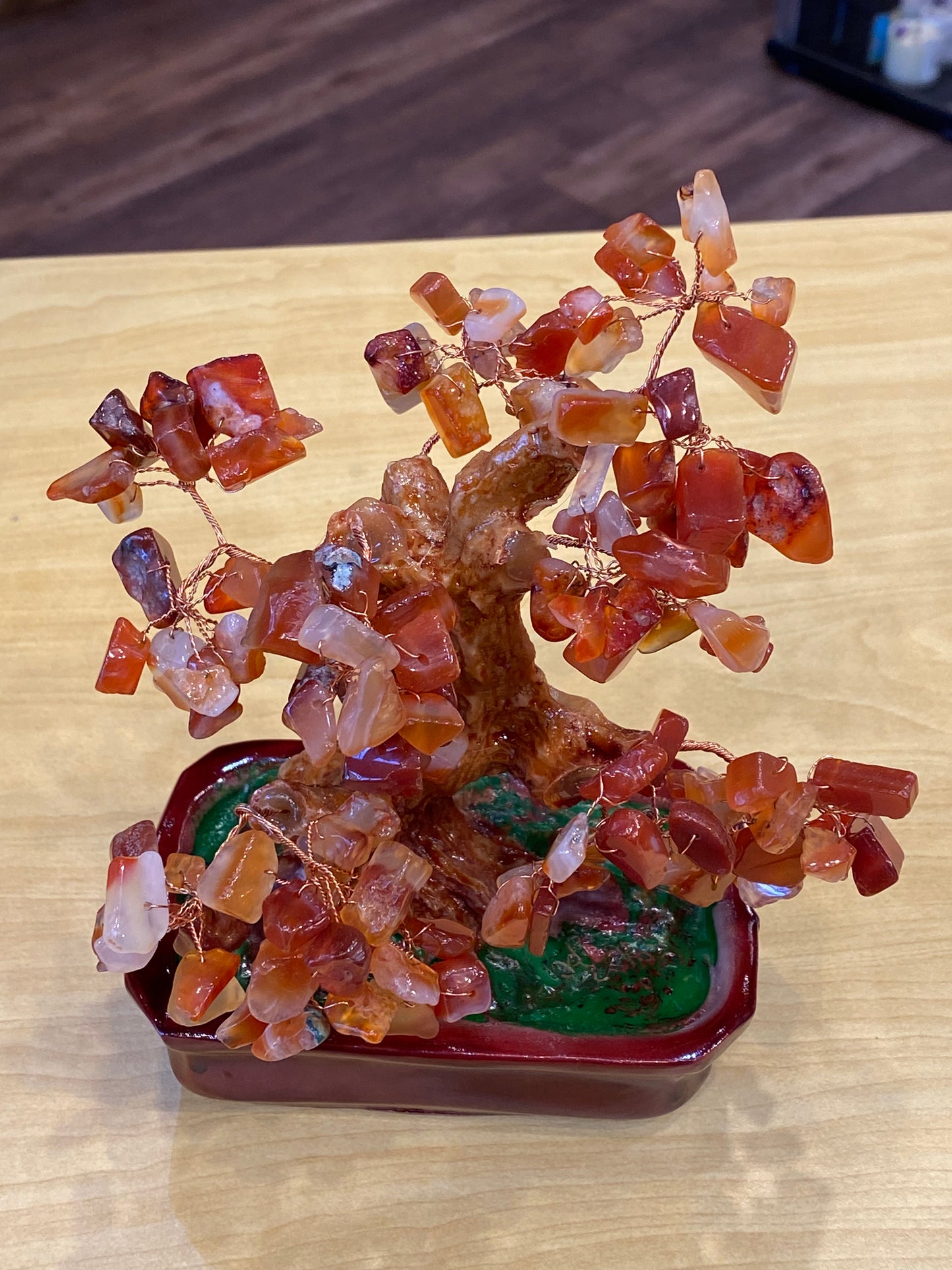 Feng Shui Bonsai Tree Desktop  Tumbled Carnelian in a Red Tub