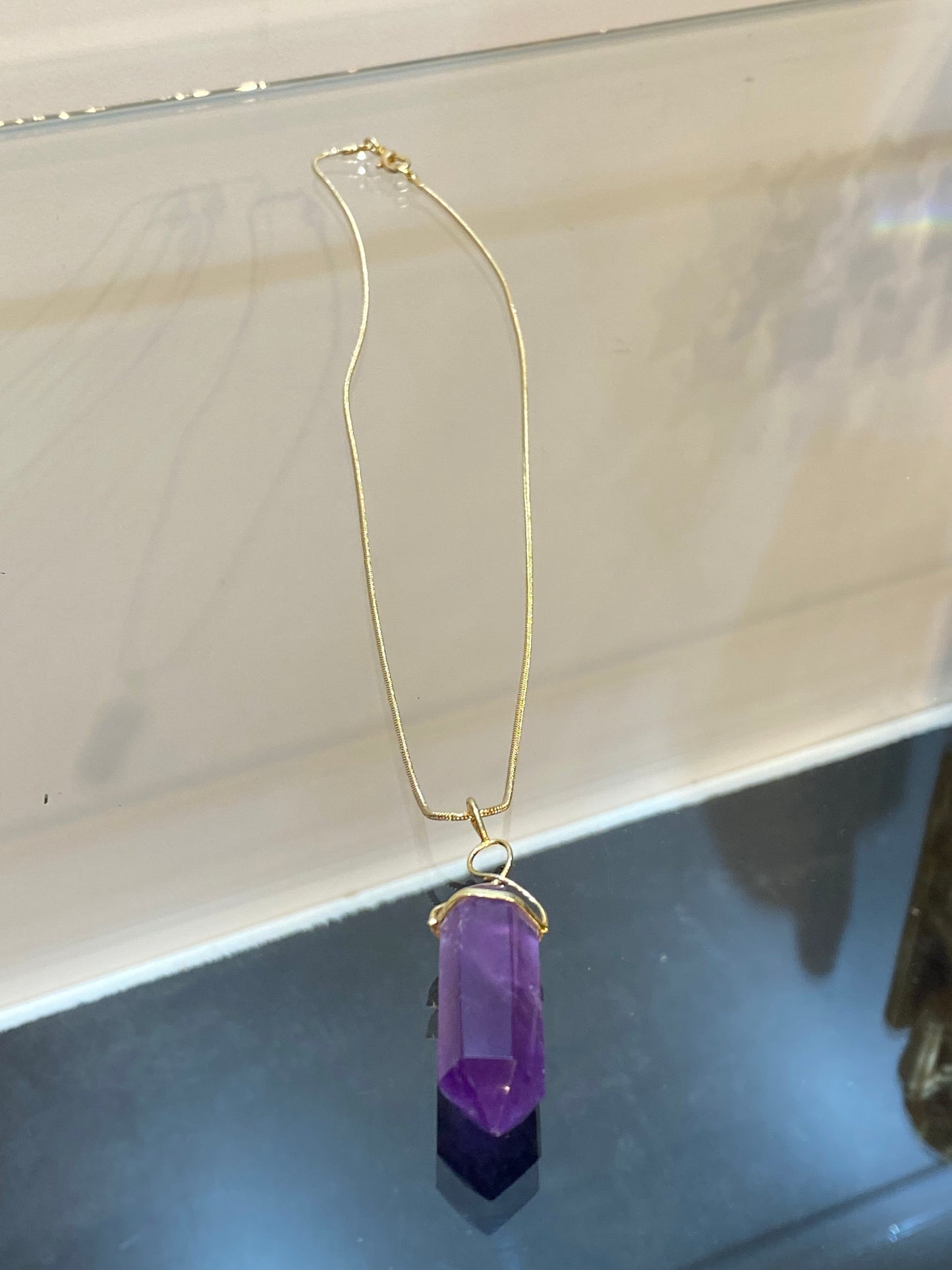 Amethyst Double Terminated Point Gold Overlay Twist Pendant with Gold Chain