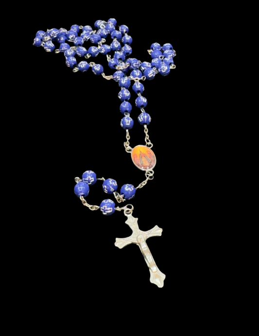 Vintage Silver Cross Christ Catholic Rosary in Cobalt Blue Beaded Engraved Cross