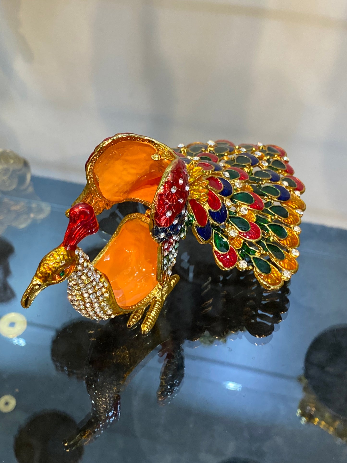 Peacock Upright Opened Multicolored Feathers Trinket Box