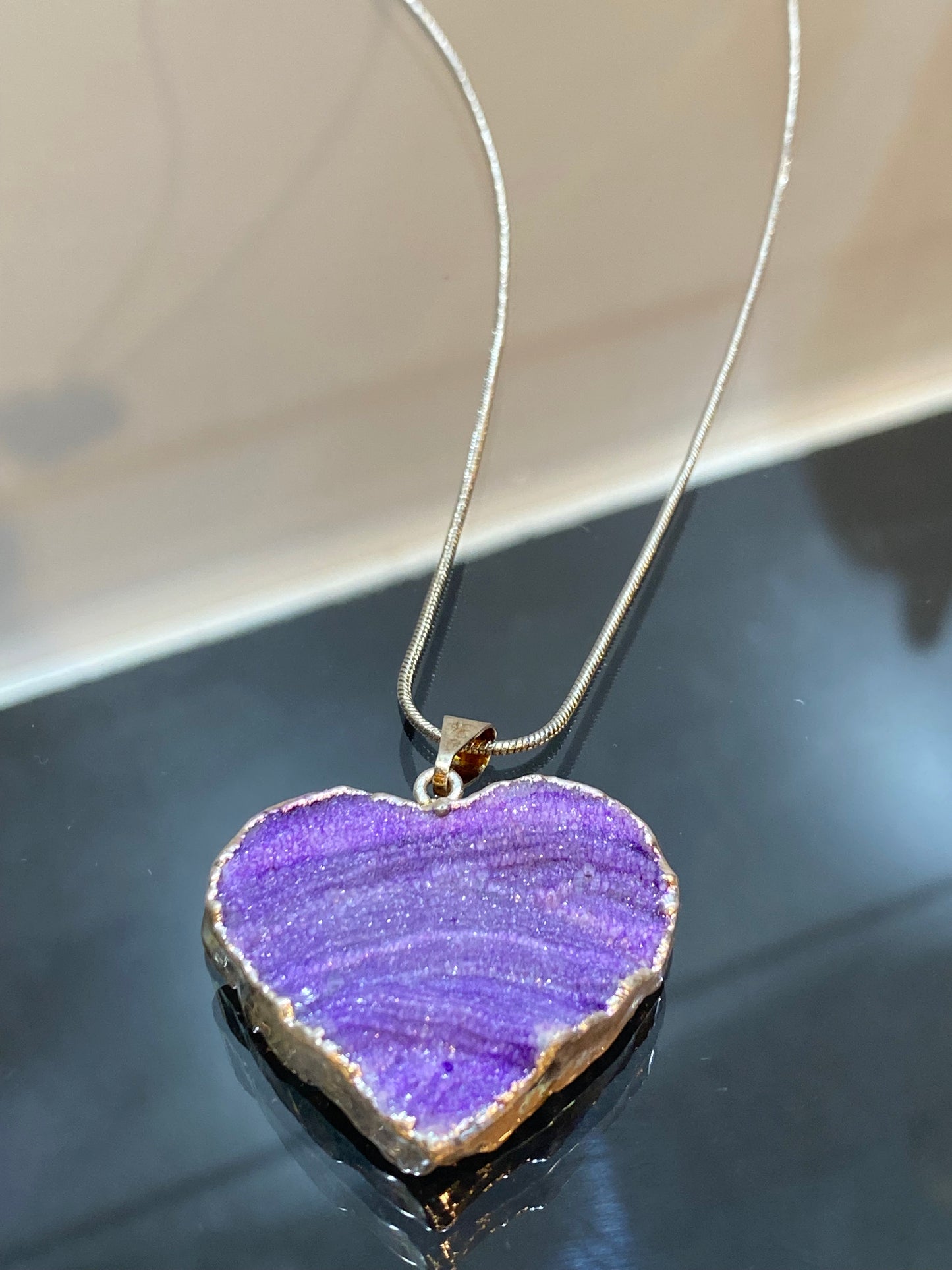 Purple Banded Agate Stone Silver Heart Pendant with Silver Plated Necklace