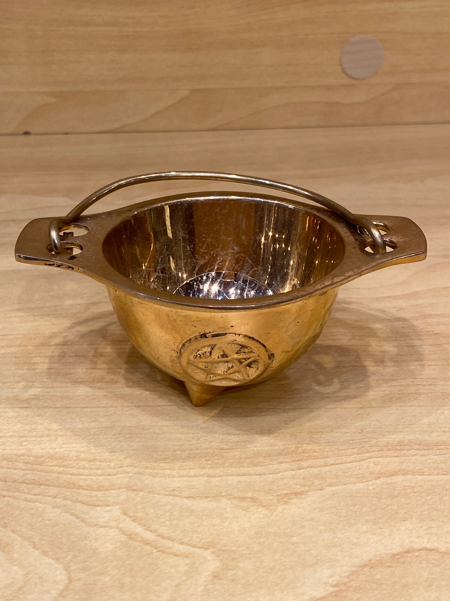 Brass Gold Cauldron With Engraved Pentacle and Handle