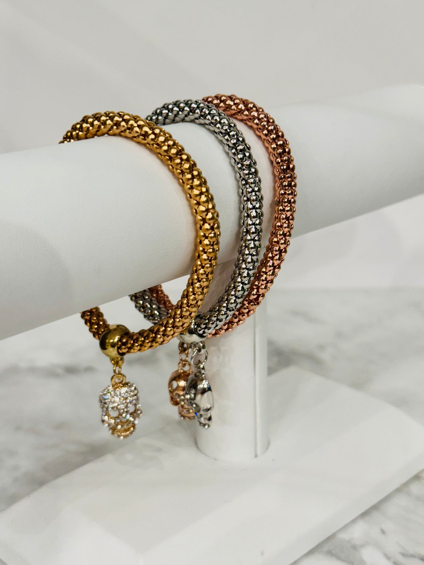 Fashion Jewelry Gold, Rose Gold and Silver Skull Metal Mesh Bracelet