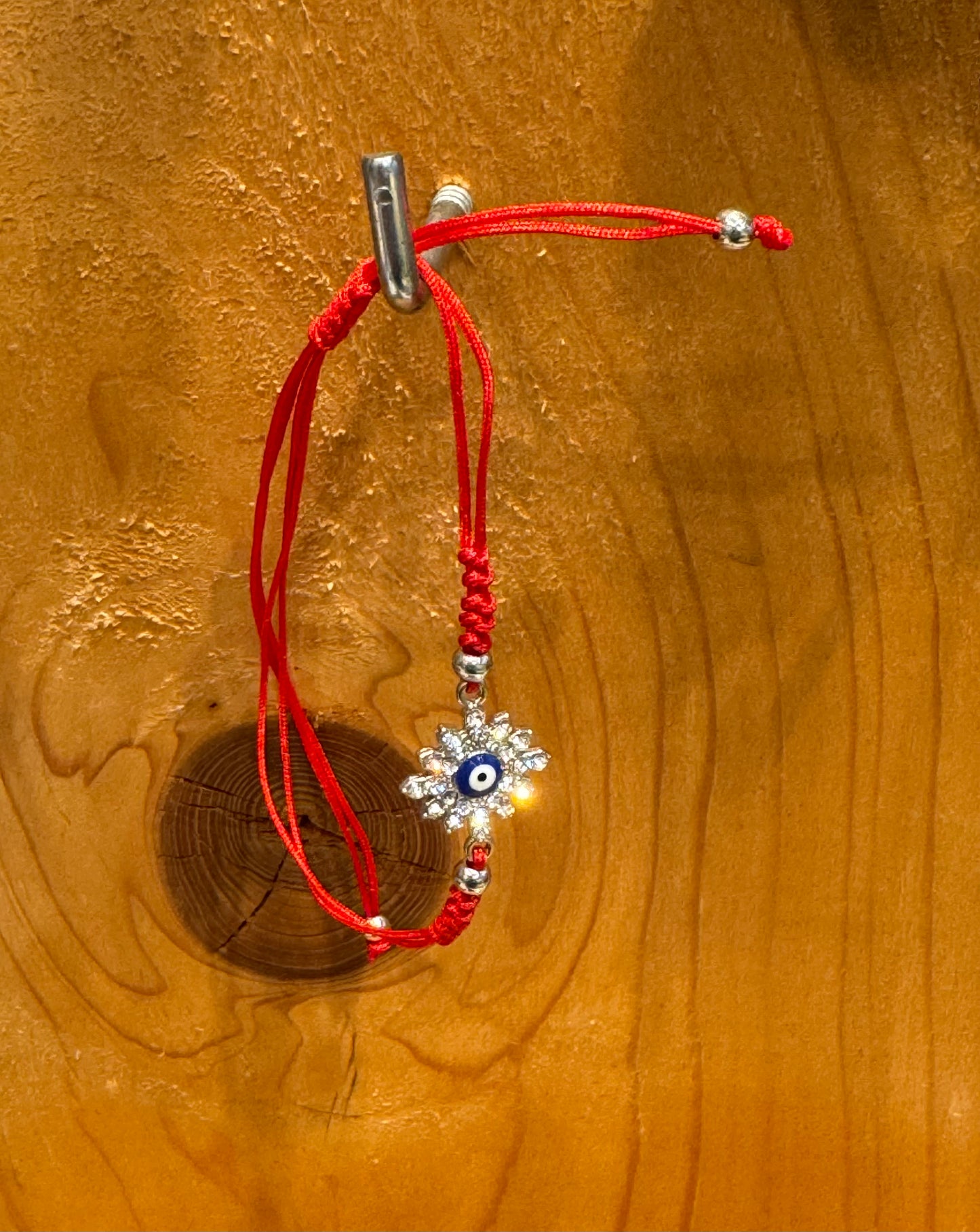 Red String Pull Tie Bracelet Silver Flower Blue Evil Eye Charm and Beads