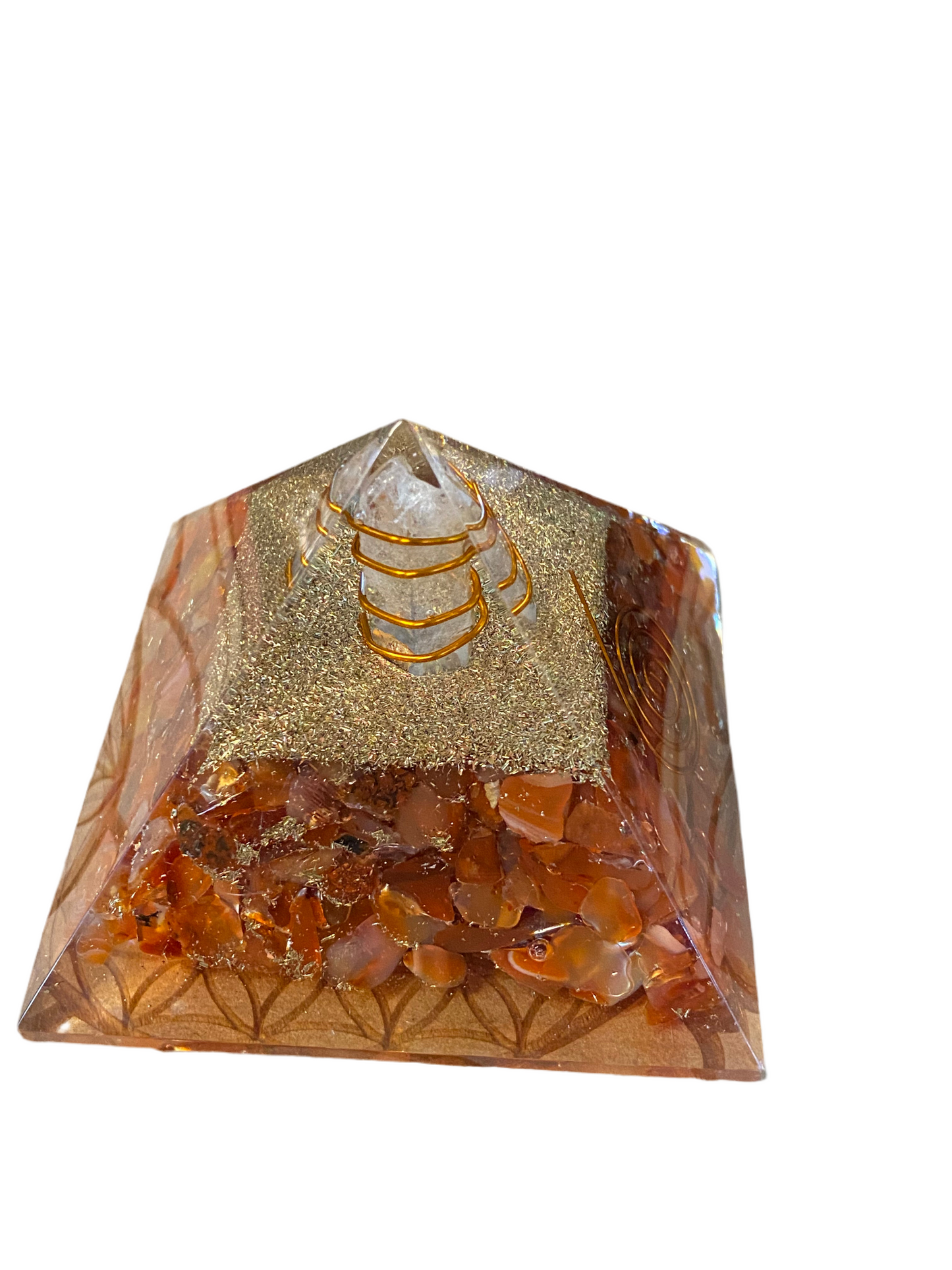 Carnelian Orgonite Pyramid With Clear Quartz Point, Gold Dust and Reiki Coil