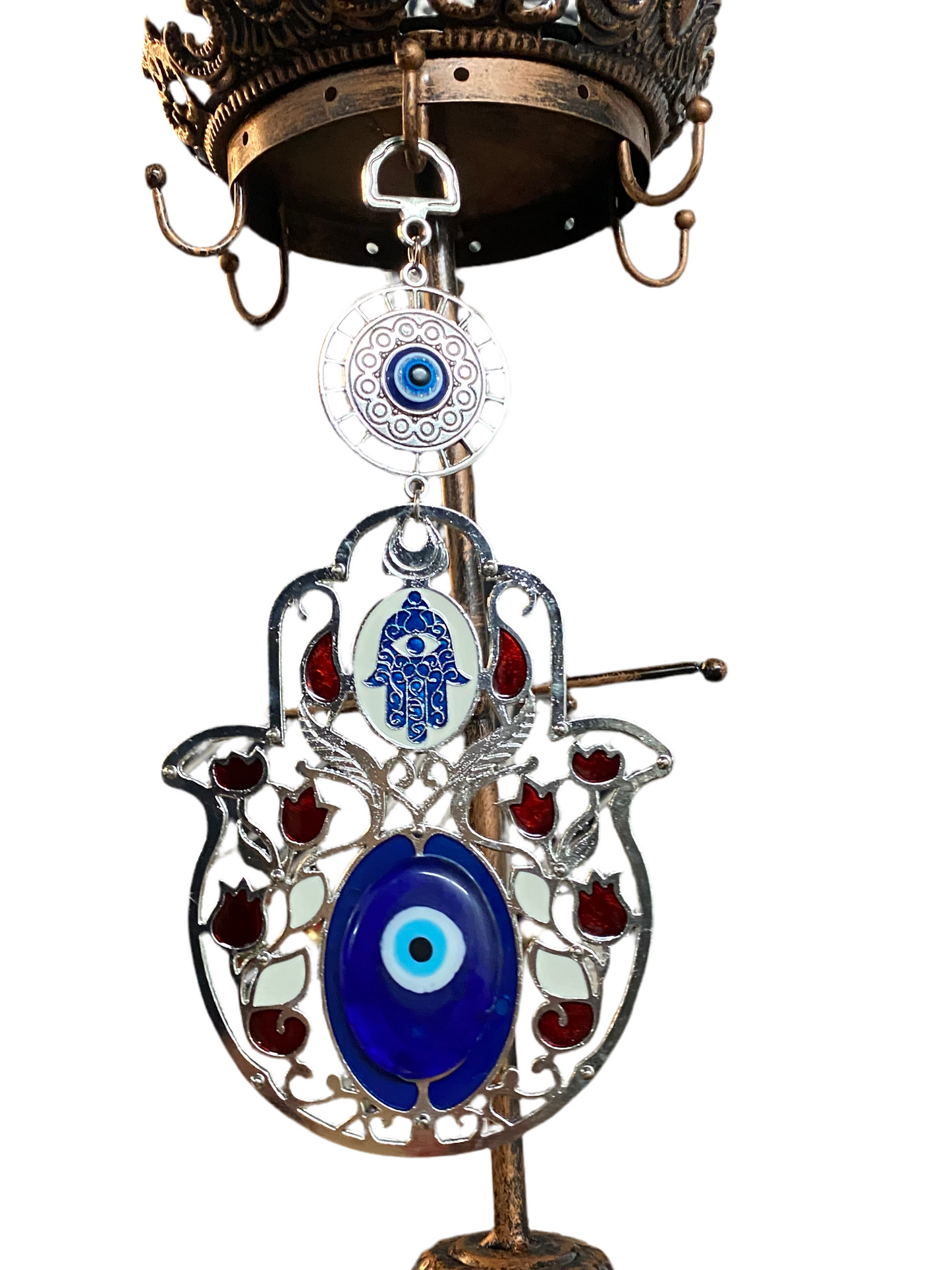 Blue Hand Of Fatima with Red Flowers Door and Wall Talisman W/Evil Eye Amulet