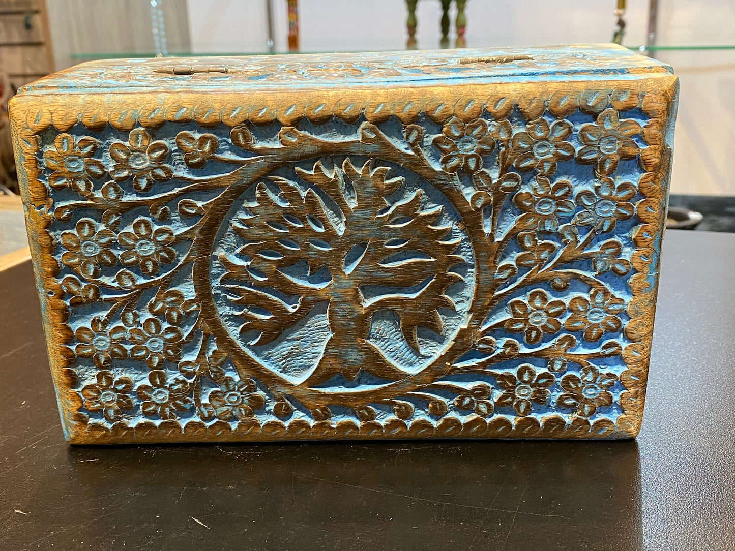 Wooden Handicraft Storage Box Tree of Life Turquoise