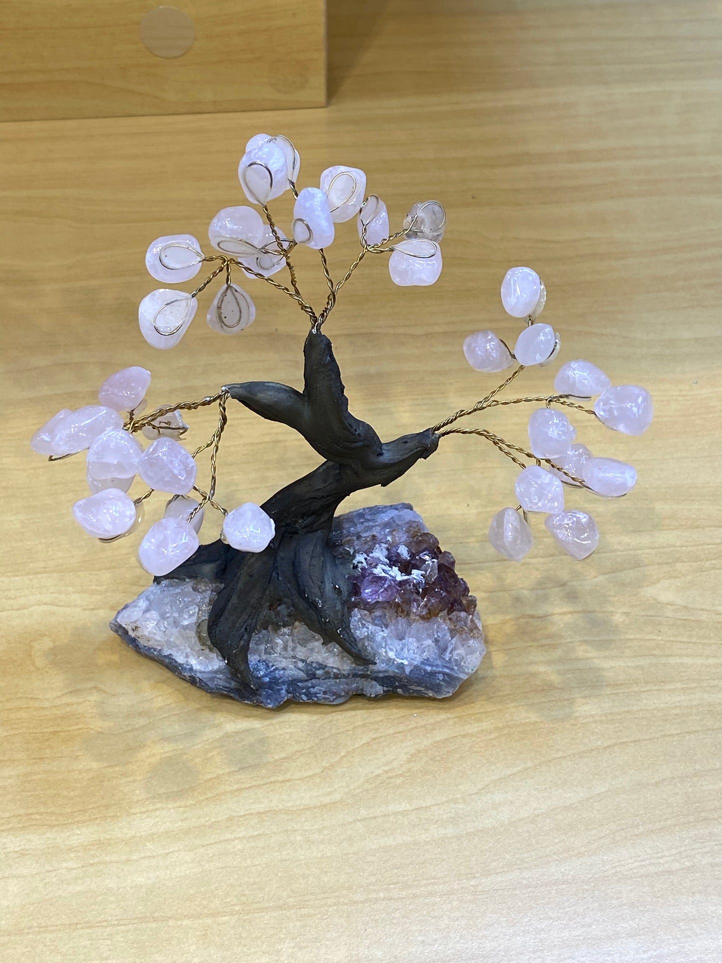 Gemstone Rose Quartz Tree on Amethyst Cluster