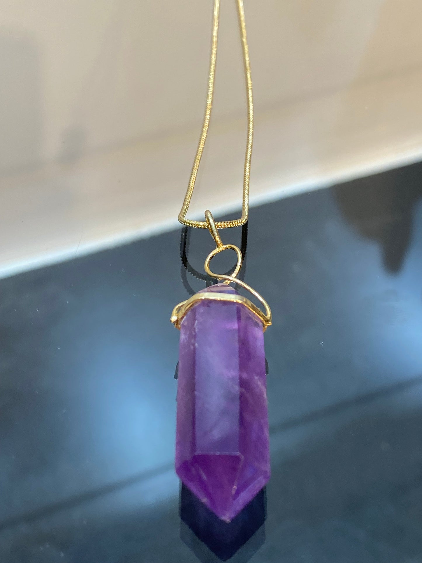 Amethyst Double Terminated Point Gold Overlay Twist Pendant with Gold Chain