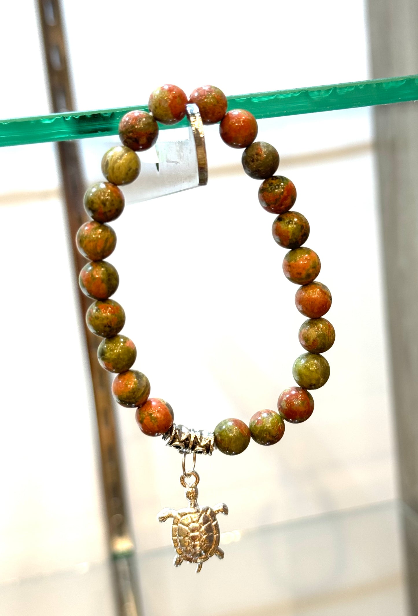 Unakite Beaded Bracelet With Turtle Charm