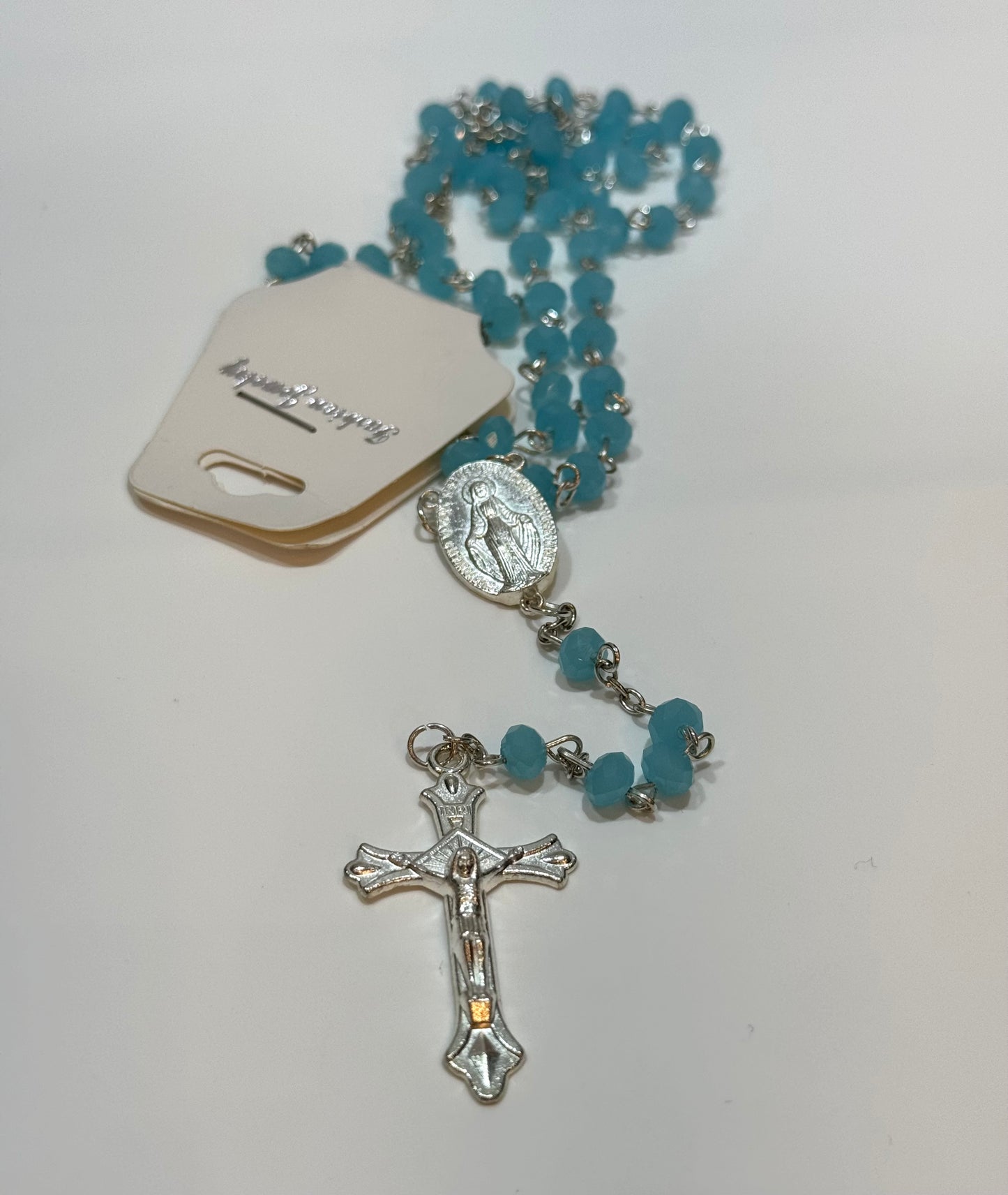 Mi Primero Communion Glass Turquoise Beaded Rosary Jesus Christ On Cross Silver Amulet