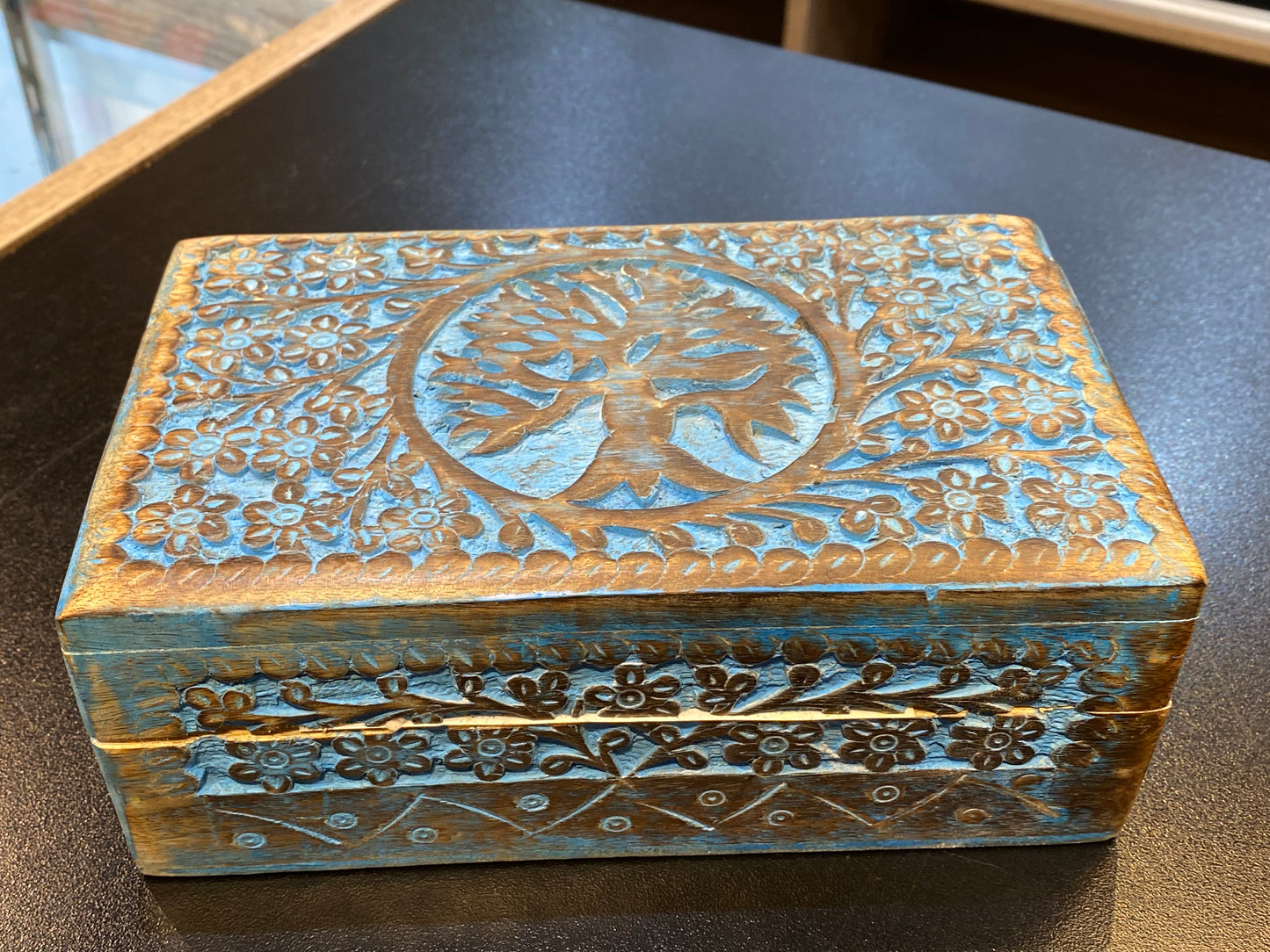 Wooden Handicraft Storage Box Tree of Life Turquoise