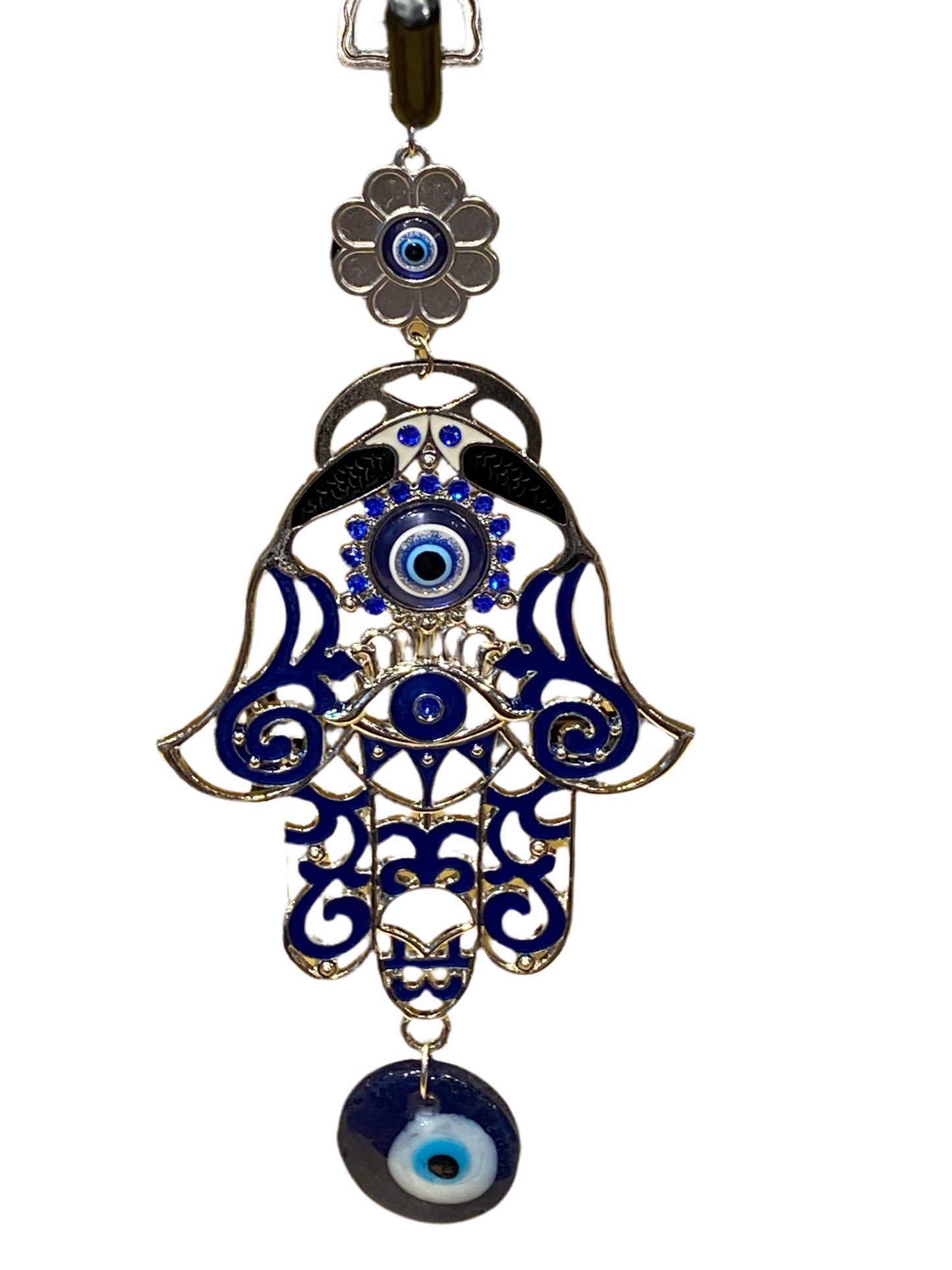 Blue Hand Of Fatima Door & Wall Talisman W/White And Black Fish & Evil Eye Amulet