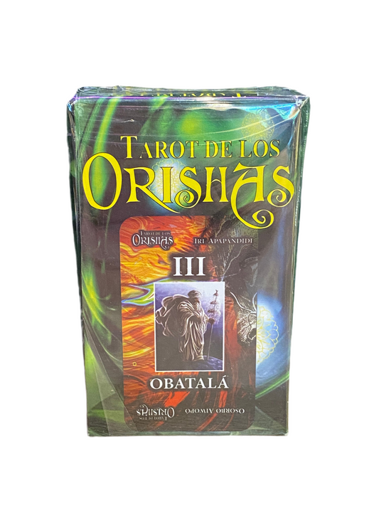 Tarot De Los Orishas Spanish tarot deck, vibrant packaging with mystical imagery, featuring the Obatalá card.