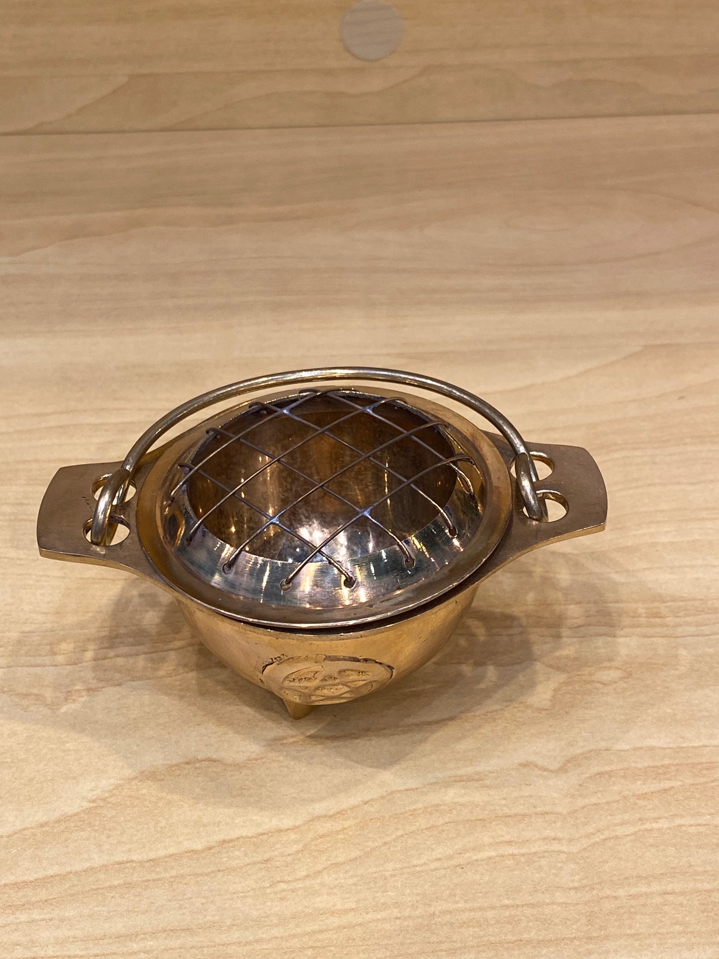 Brass Pentacle Cauldron With Grid Top and Handle